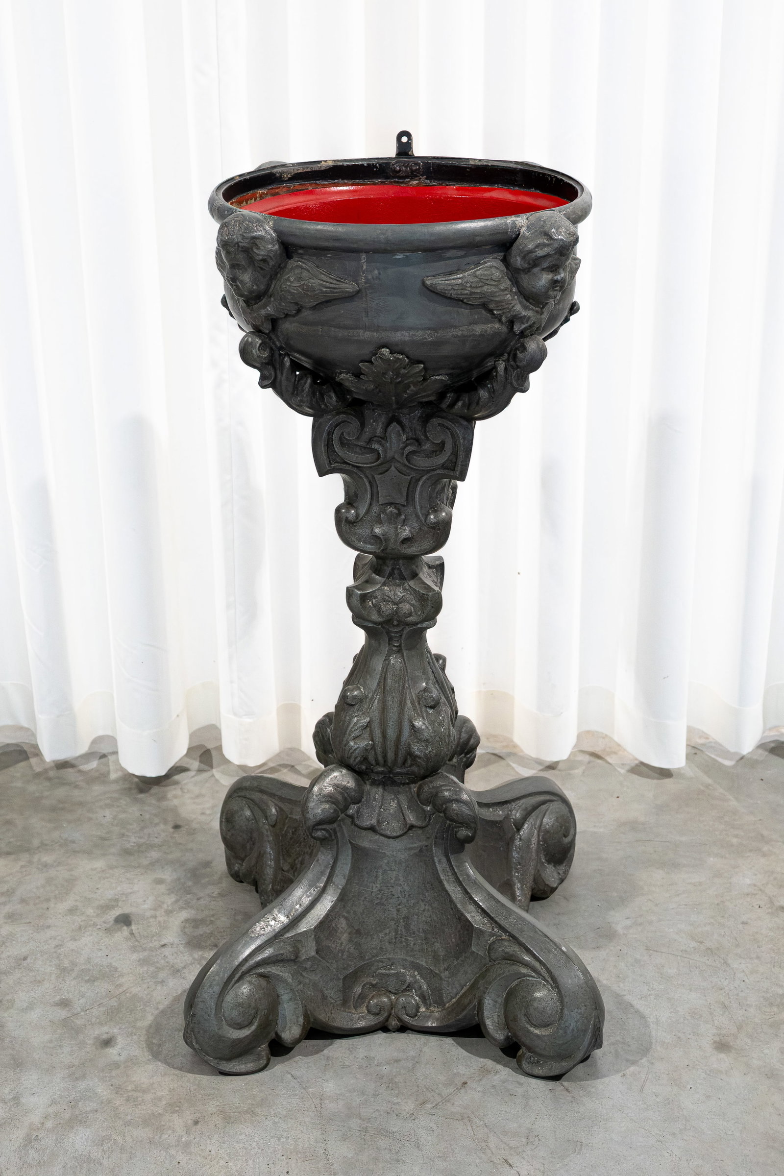 A large and antique religious baroque style pewter pedestal holy water font (1 of 4)