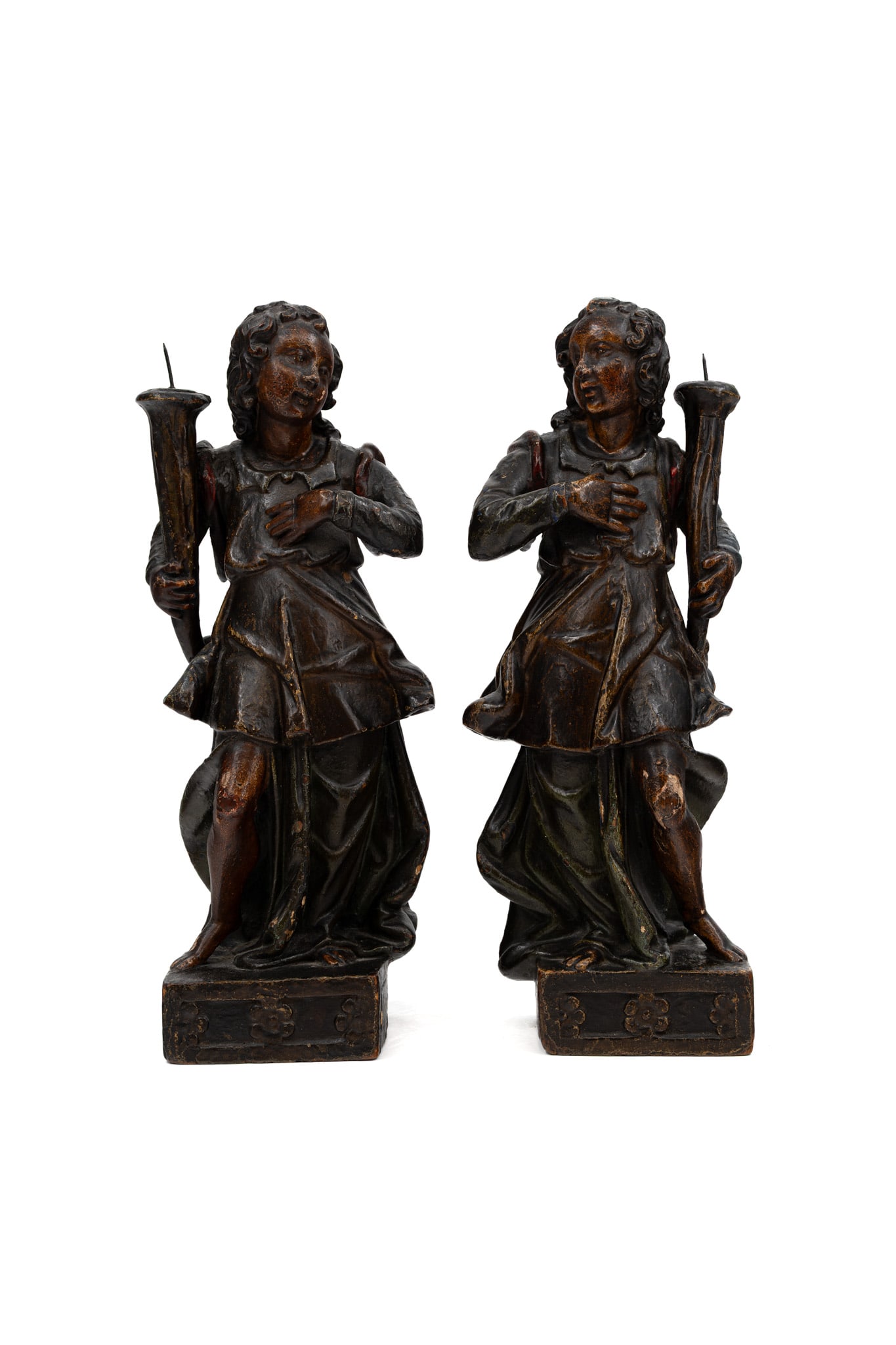 An antique pair Braroque style polychrome carved wood candlestick sculptures: An antique pair Braroque style polychrome carved wood candlestick sculptures of angels holding torches. 18th century. H: 37 cm