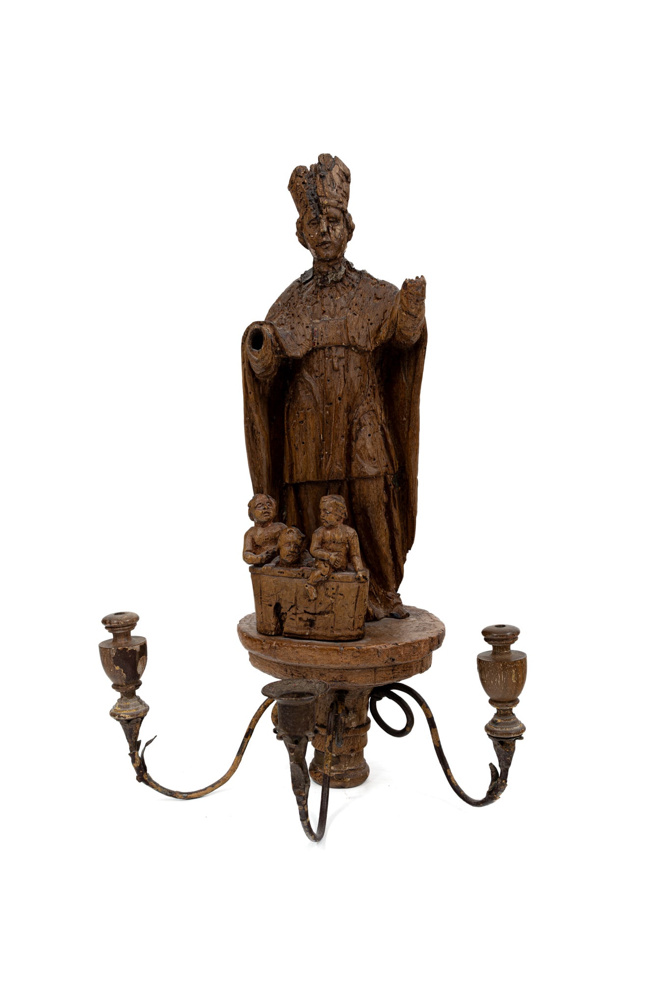 An antique carved wood religious wall scone sculpture with figure of Saint Nicholas (1 of 7)
