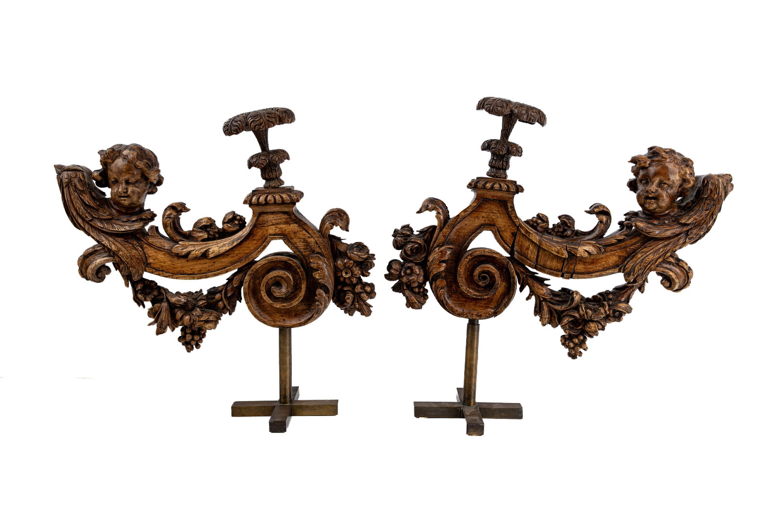 An antique pair Baroque decorated carved oak wood ornament sculptures (1 of 13)