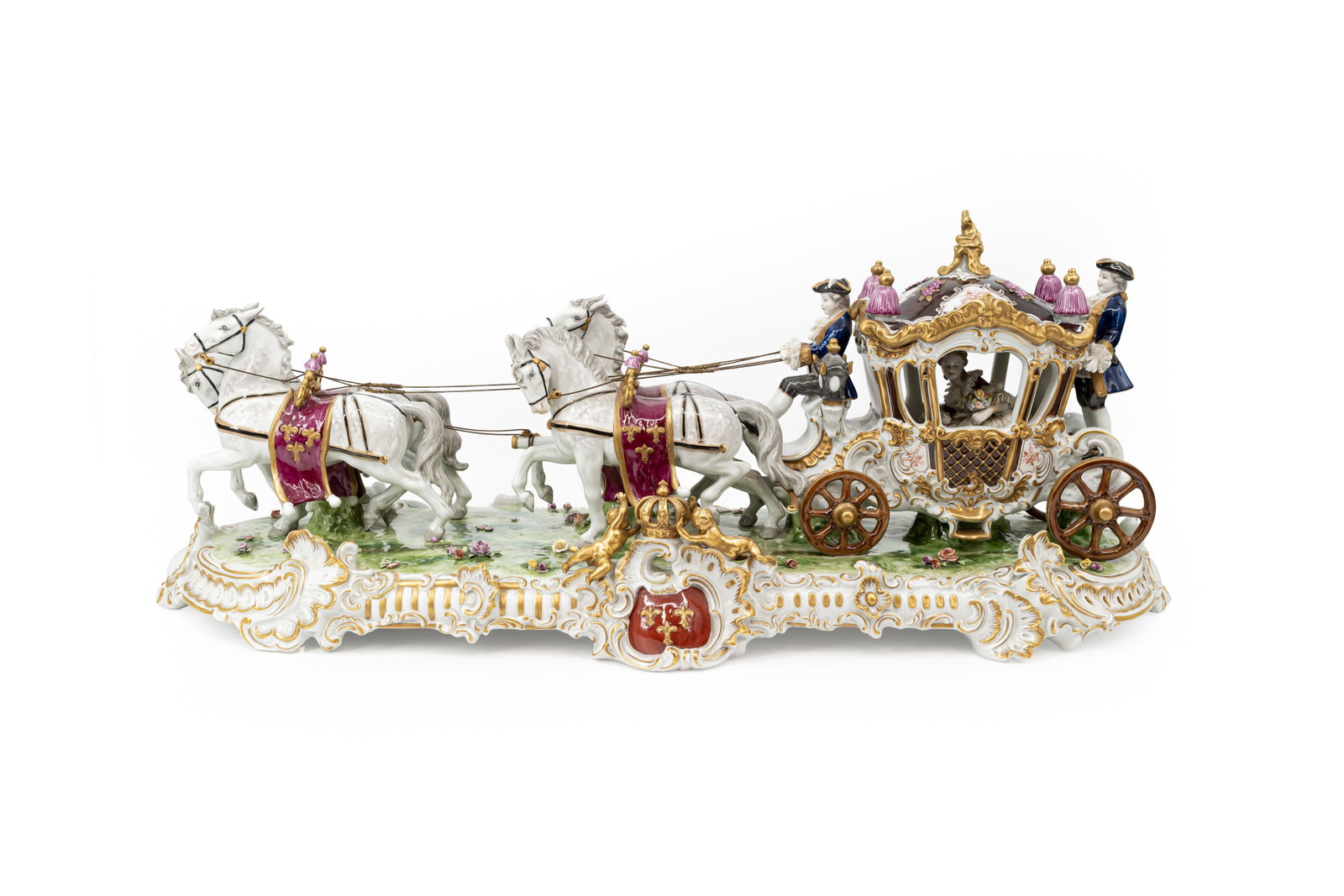 A large German Saxony Unterweissbach Rococo style glazed porcelain figural group: A large German Saxony Unterweissbach Rococo style glazed porcelain figural group of a carriage pulled by four horses. Marked, 20th century. H: 78 cm