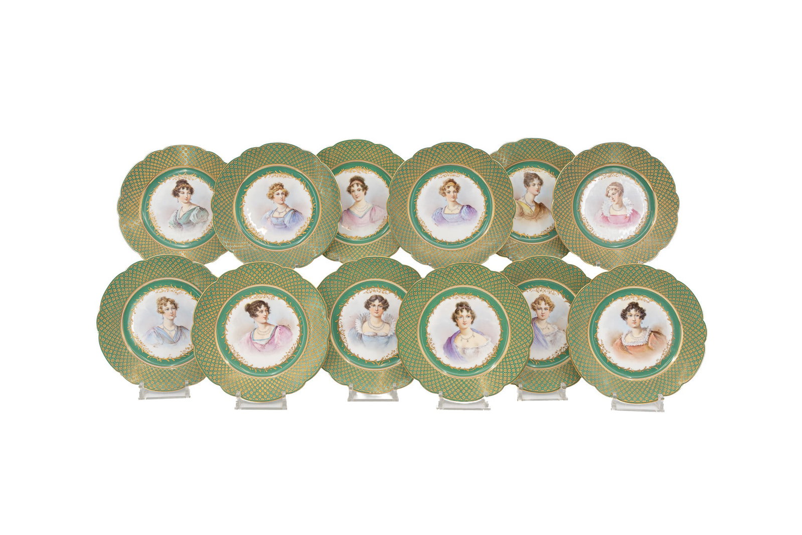 A French Sevres set of twelve gilt decorated porcelain cabinet plates with various portraits: A French Sevres set of twelve gilt decorated porcelain cabinet plates with various hand painted French portraits of noble ladies, designed after Jean-Louis MORIN (1732-1787) Signed Morin and marked, S