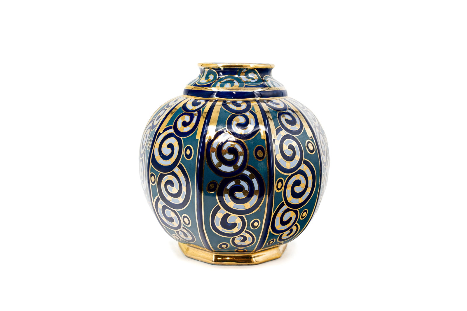 A large Belgian Cerabelga art deco glazed ceramic vase decorated with stylized scrolls (1 of 7)