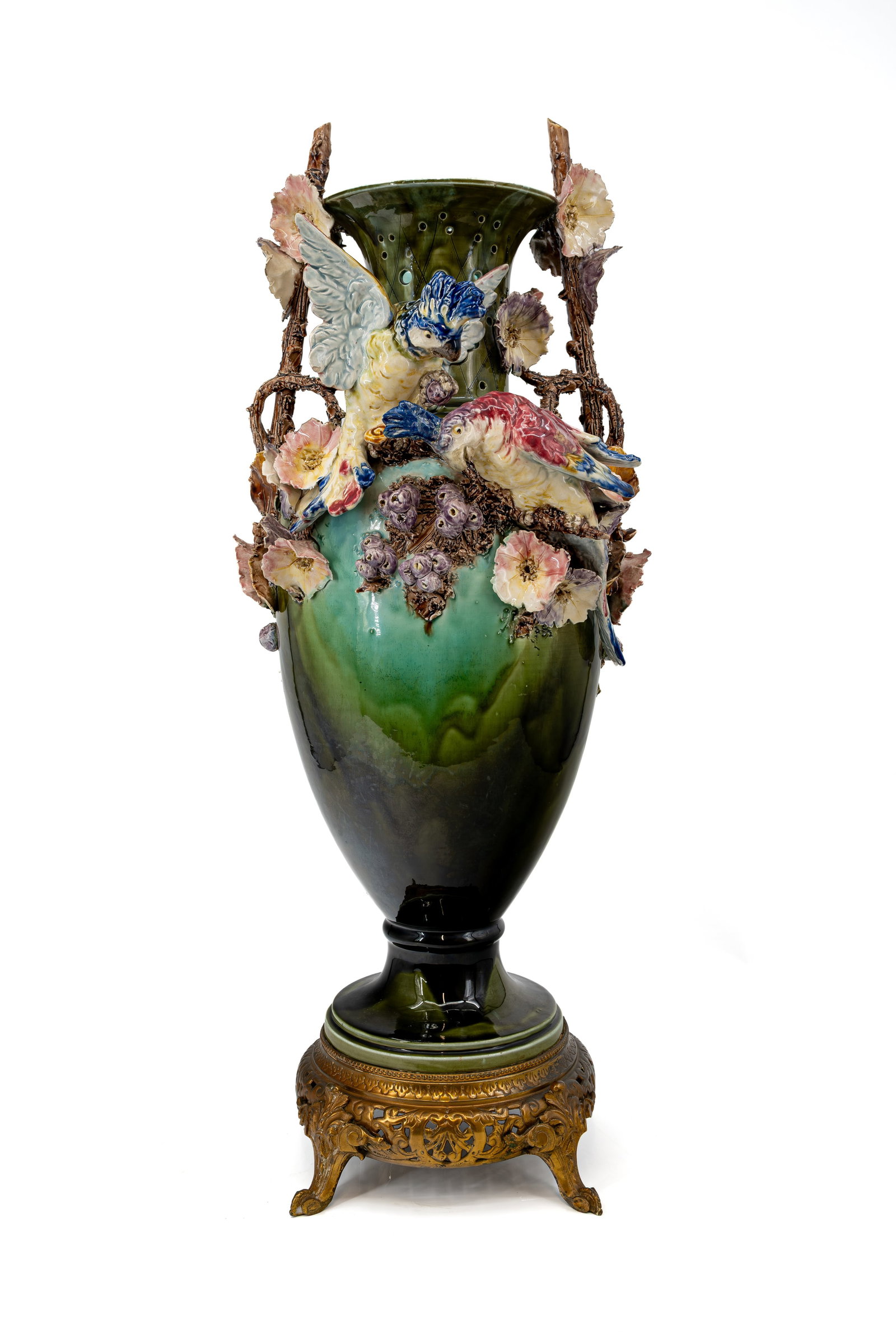 An antique barbotine ceramic vase with handles and richly decorated with parrots (1 of 11)