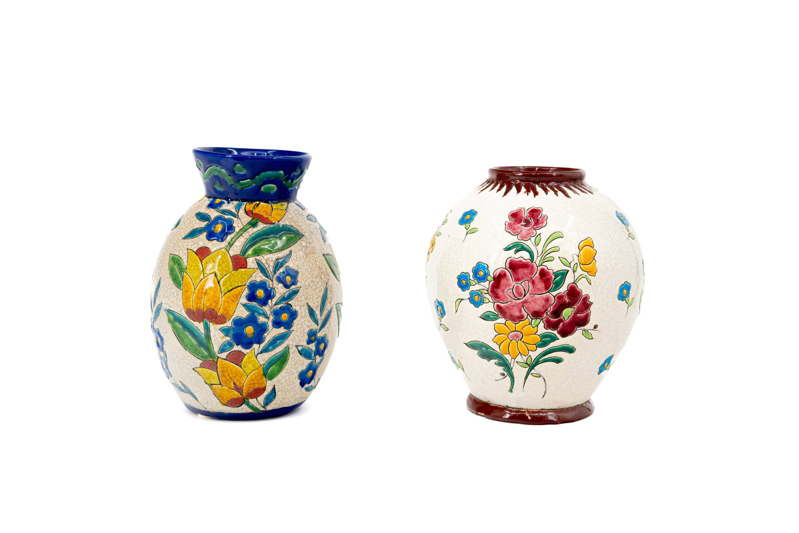 A lot of two Belgian art deco BOCH KERAMIS florally decorated glazed ceramic vases (1 of 8)