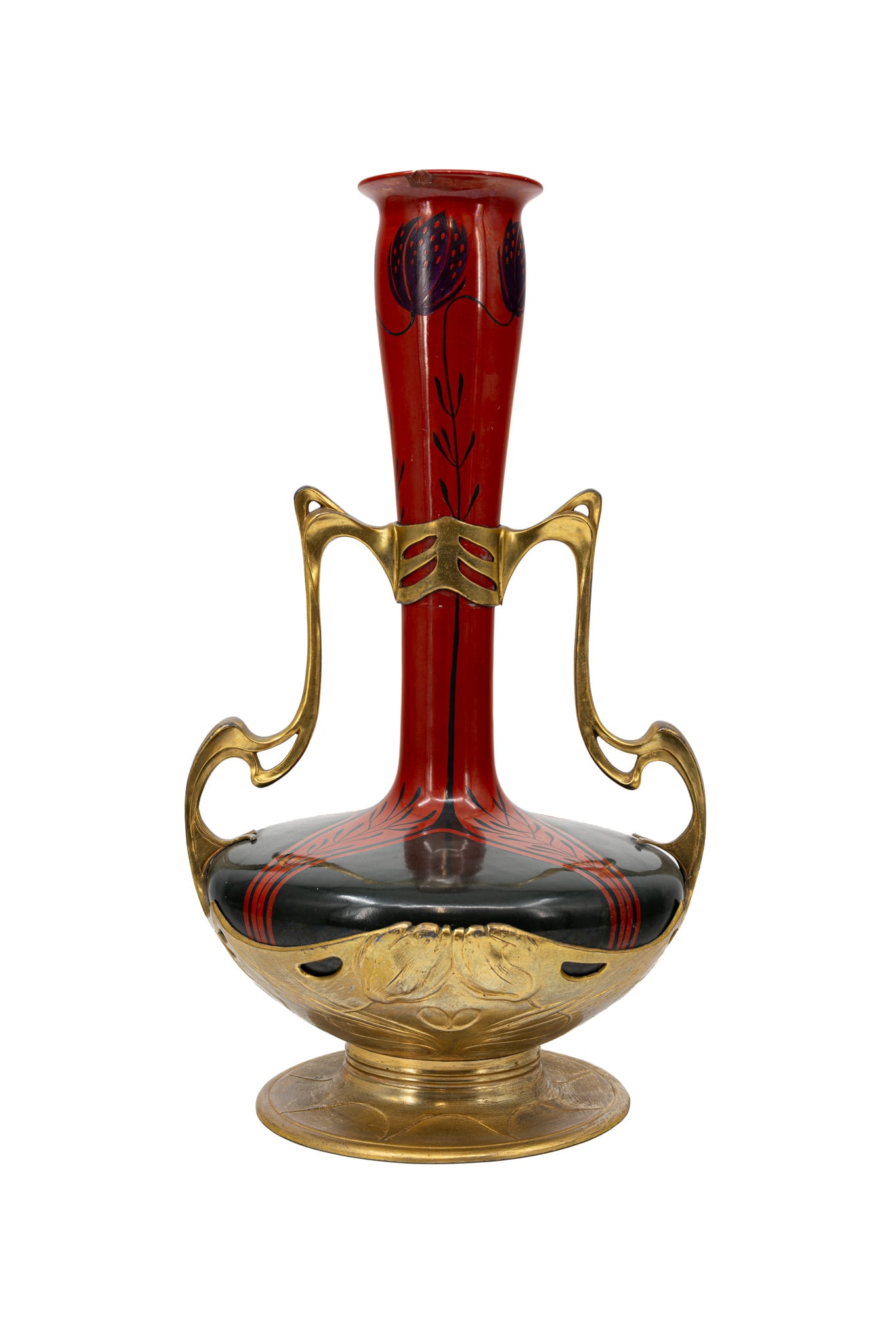 An art nouveau decorated ceramic vase with brass mountings and two handles (1 of 12)