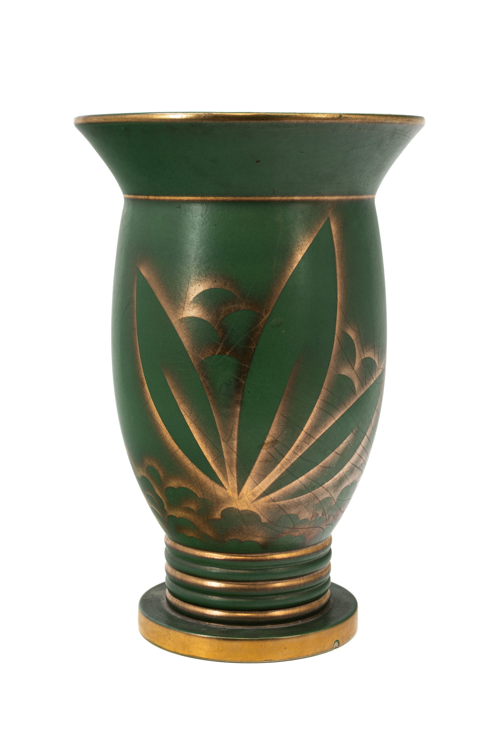 A large Belgian Boch Art Deco ceramic vase decorated with leaf motifs: A large Belgian Boch Art Deco ceramic vase decorated with leaf motifs. Marked, circa 1900-1920s. H: 32 cm.