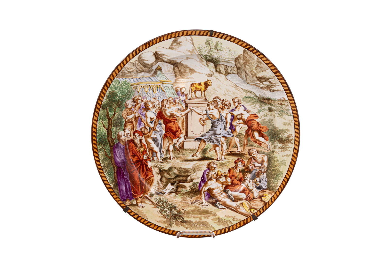 A large and antique Boch Frères decorated ceramic plate: A large and antique Boch Frères decorated ceramic plate with a historical scene. Marked at the back and illegible signed in front by the painter. First half 20th century. H: 41 cm