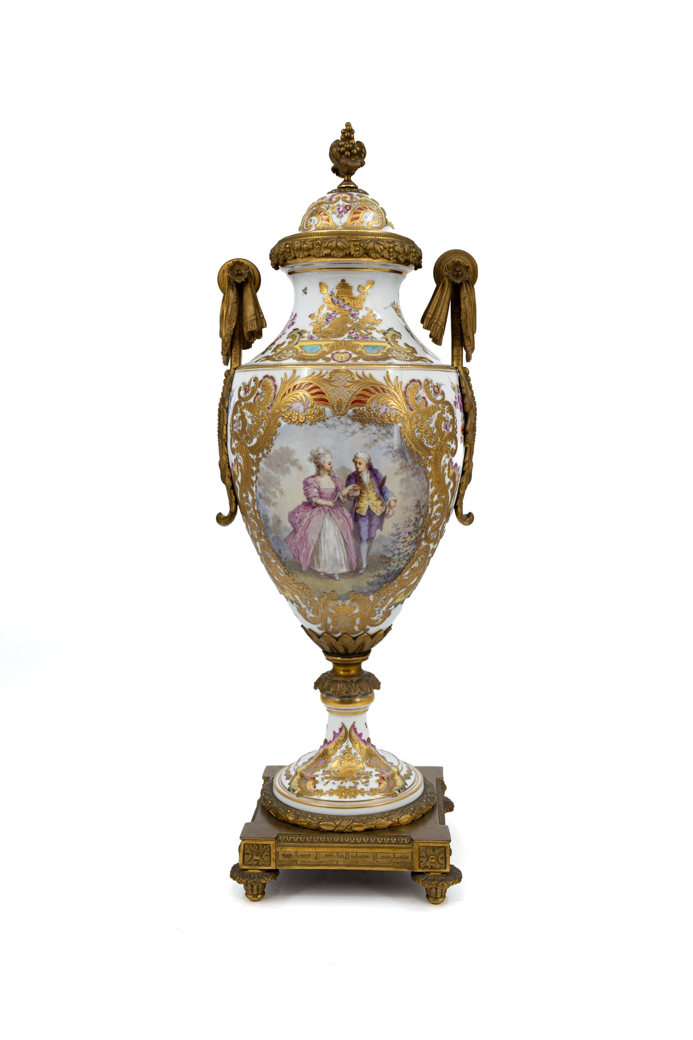 A large French Sevres style gilt and with a romance scene decorated porcelain vase with bronze (1 of 14)