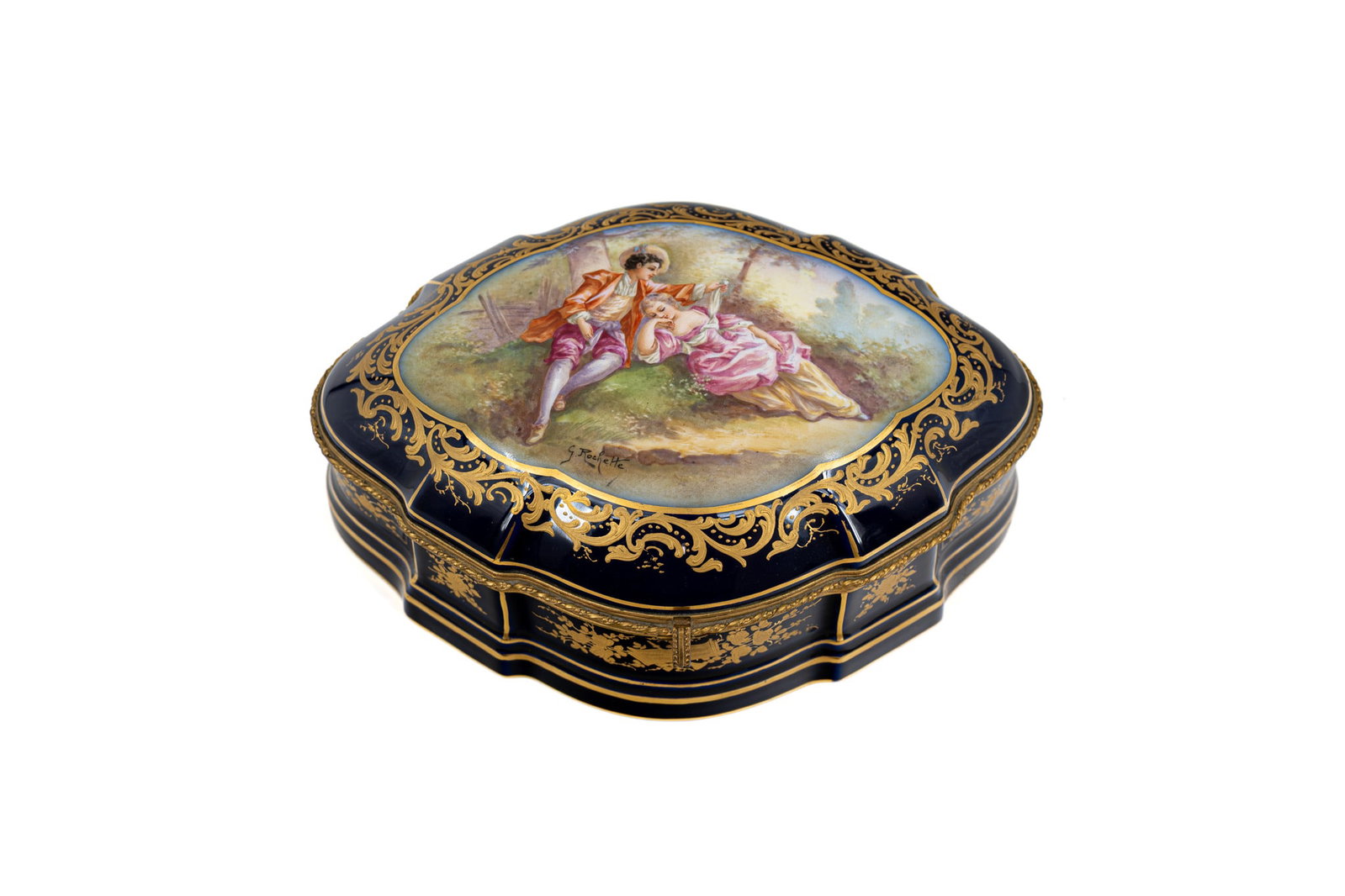 A French Sevres style decorated cobalt blue porcelain box (1 of 9)