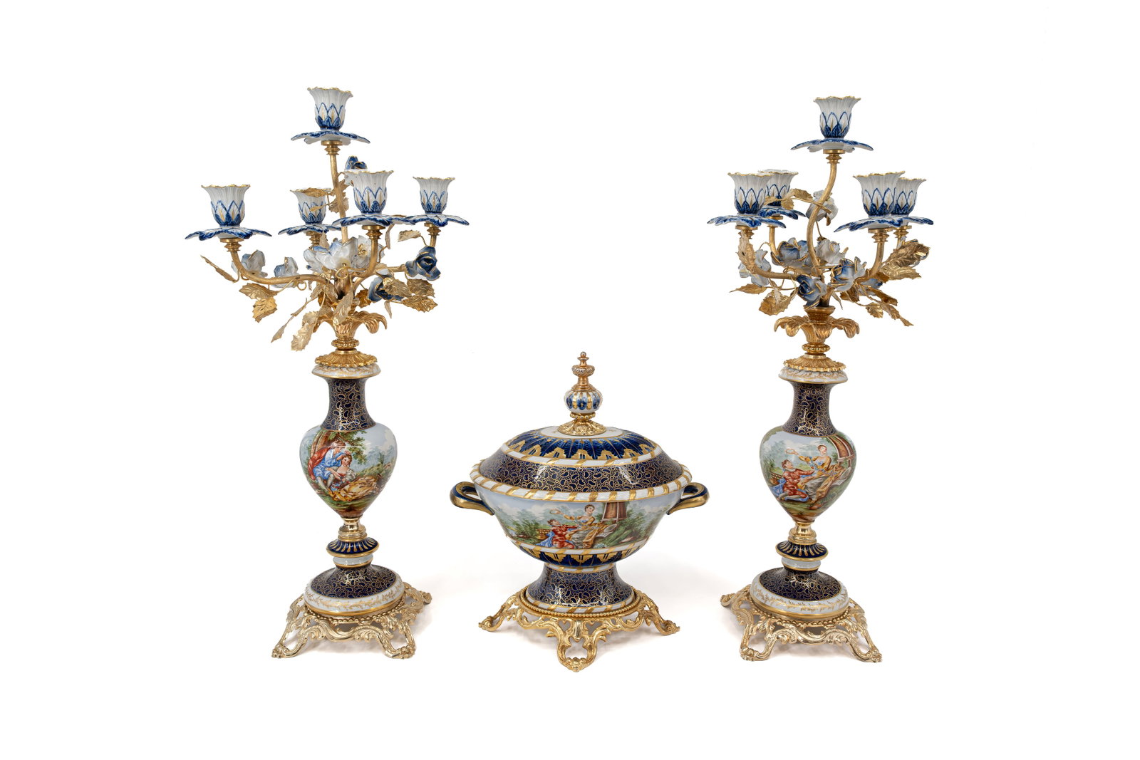A 20th century French Sevres style decorated porcelain candelabra set with their matching (1 of 15)