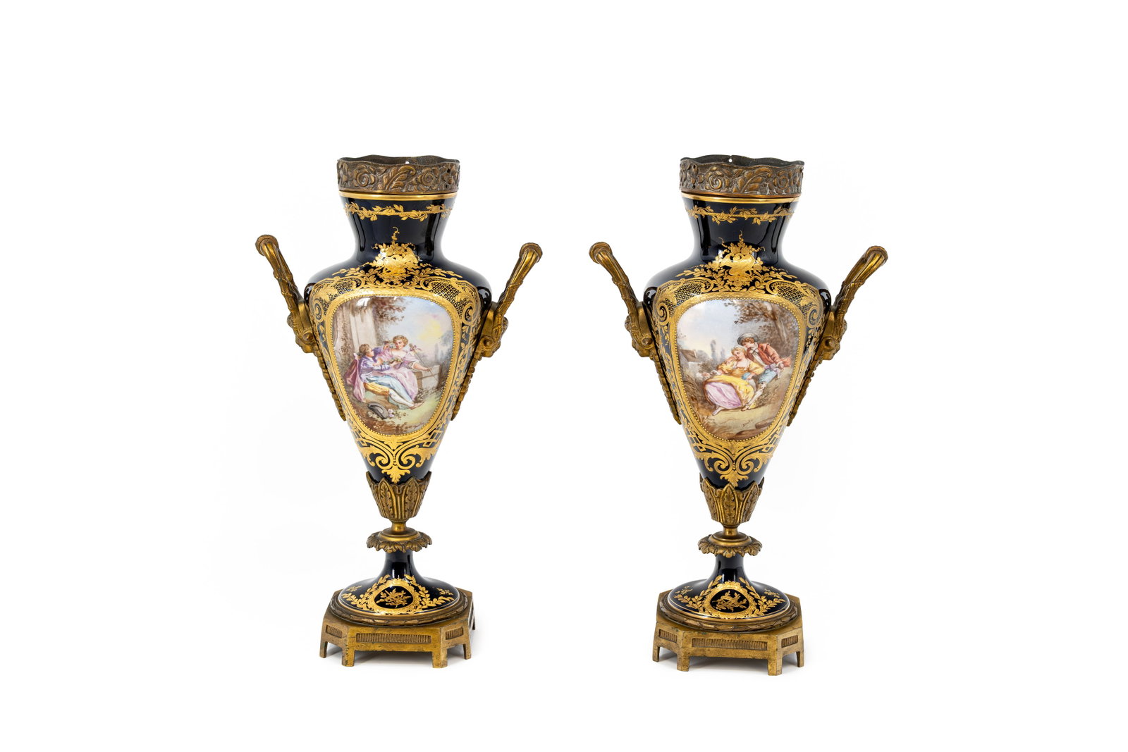 A pair of antique French Sevres style richly decorated cobalt blue porcelain vases (1 of 9)