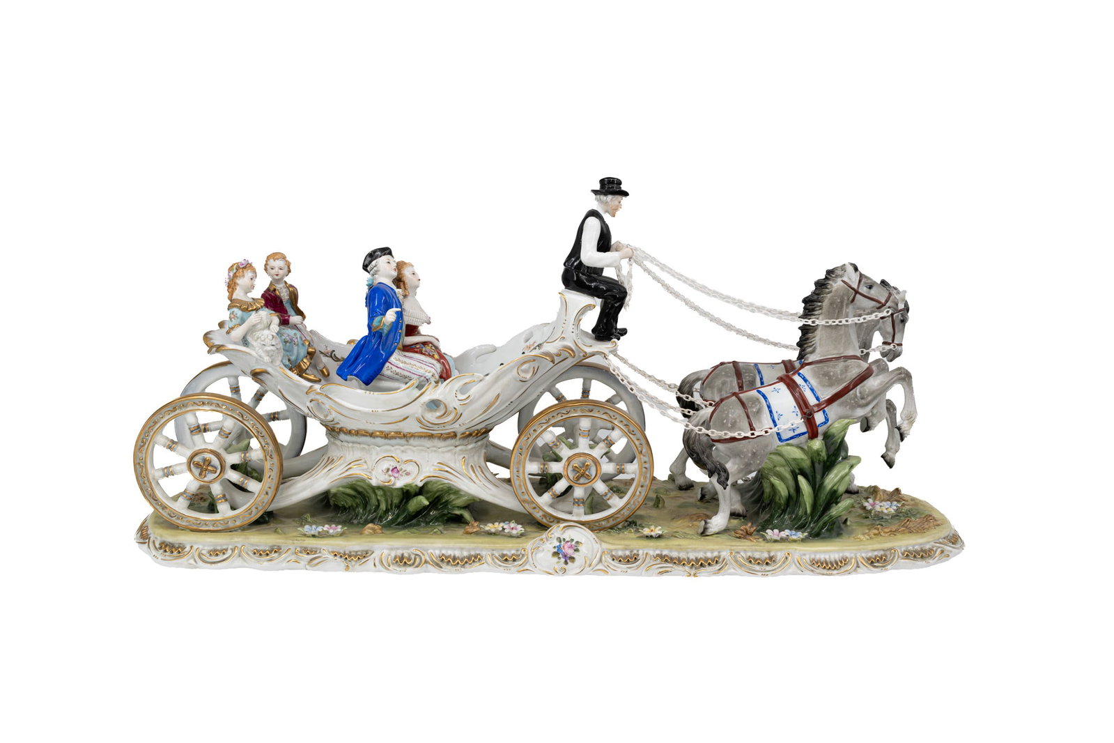 A large and 20th century Rococo style figural porcelain group of a carriage pulled by two horses (1 of 10)