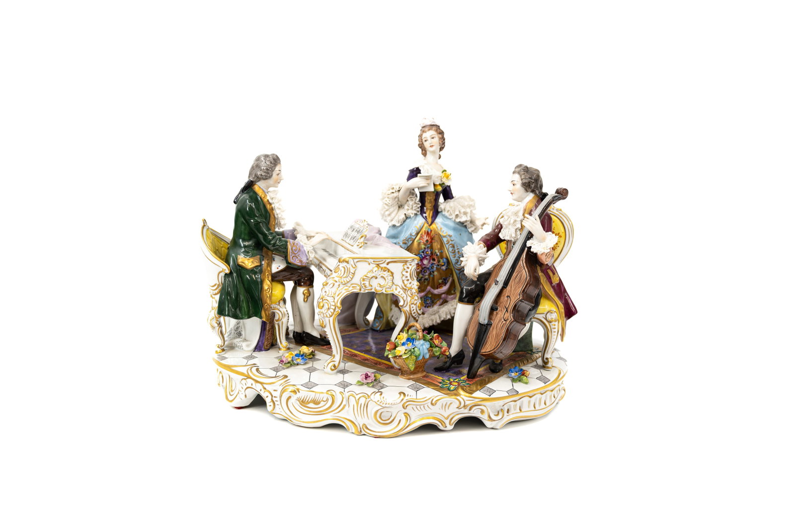 A German Volkstedt Rococo musical figural porcelain group with three gallant figures (1 of 8)