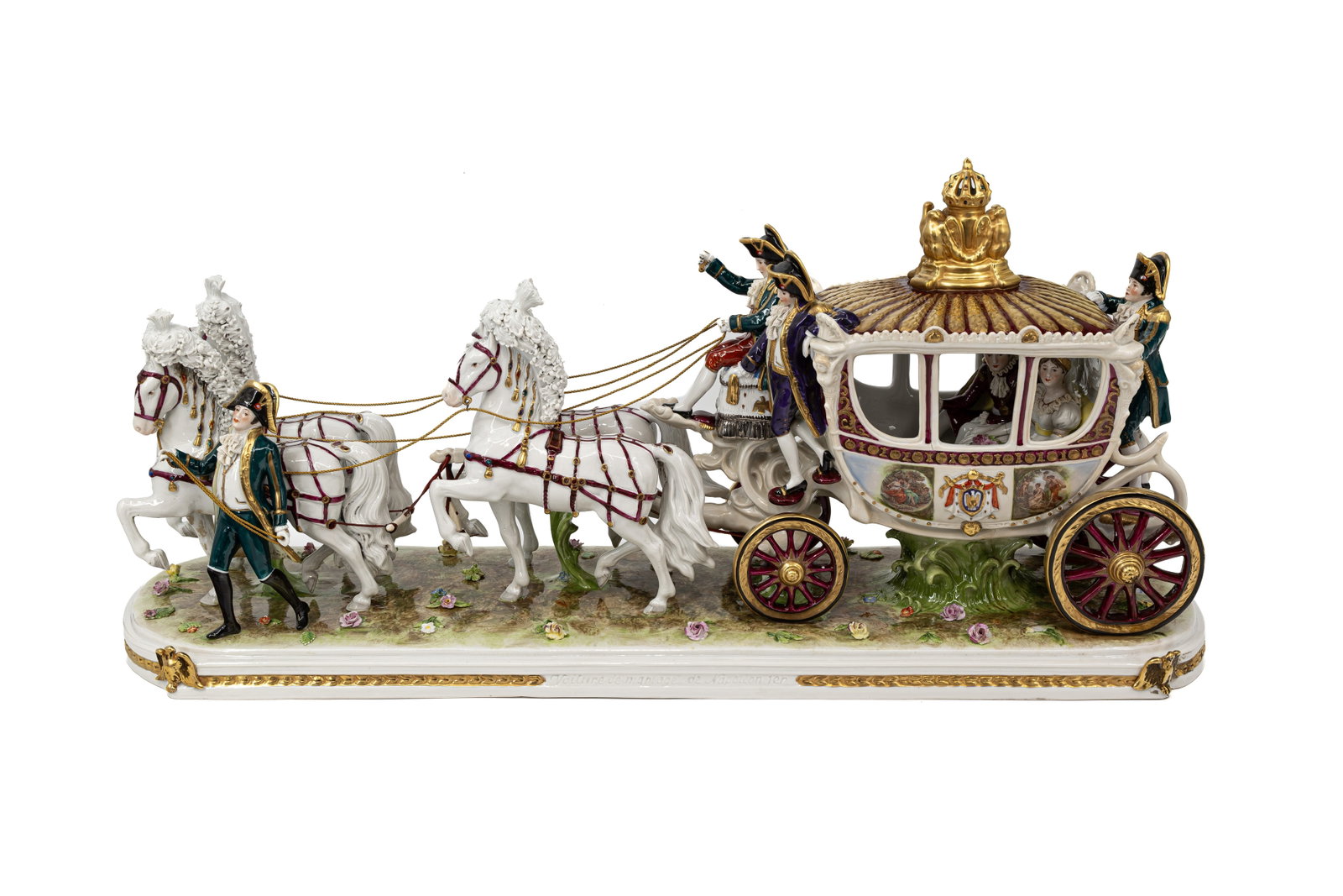 A large German Saxony glazed porcelain Napoleonic group: A large German Saxony glazed porcelain figural group depicting Napoleon I's wedding carriage, titled "Voiture de mariage de Napoléon I." Marked by Scheibe Alsbach. 20th century. Condition: a signific