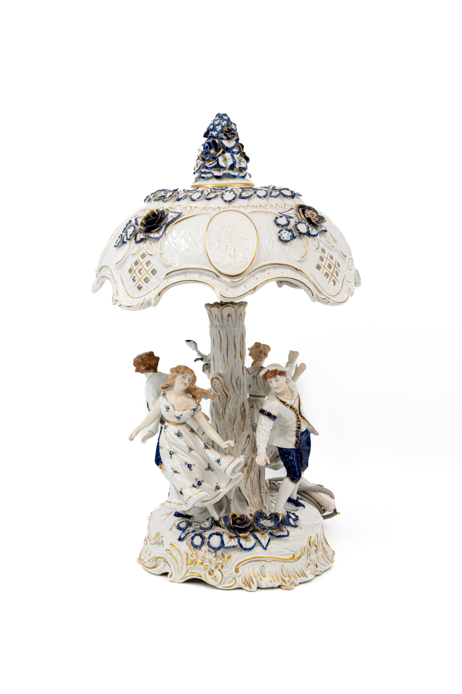 A richly decorated German PMP Plaue figural porcelain table lamp (1 of 12)