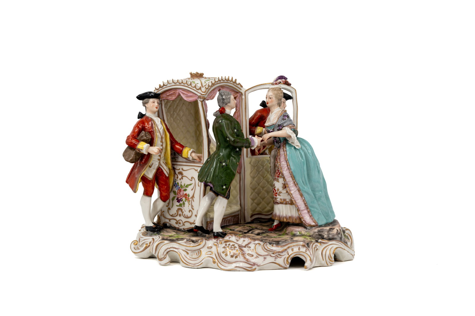 An antique rococo style figural porcelain group with a chariot scene of four gallantly dressed (1 of 12)
