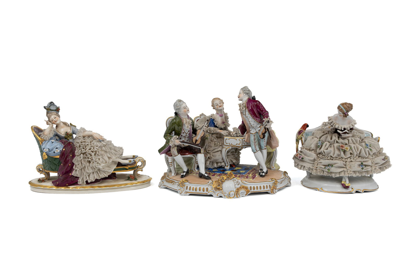 A lot of three German saxony rococo style figural porcelain romance groups (1 of 14)