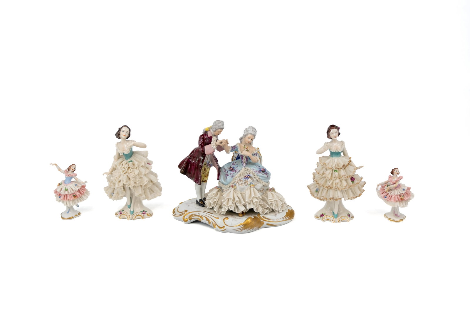 A composed lot of five Rococo-style figural lacework porcelain figurines (1 of 11)