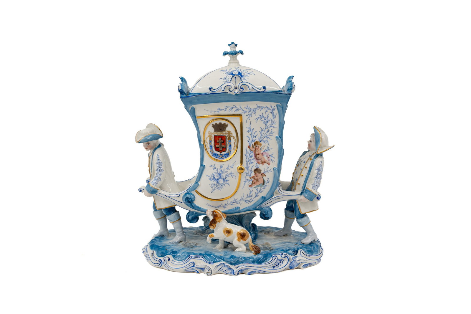 An antique French rococo style figural decorated porcelain carriage group centerpiece with cover (1 of 12)