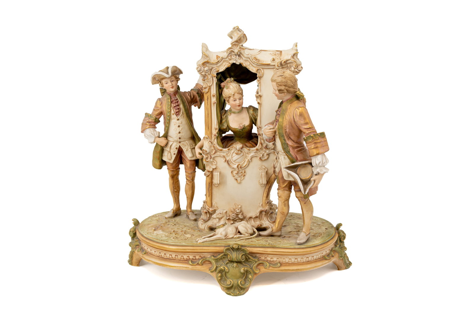 An antique Bohemian Royal Dux figural porcelain carriage group: An antique Bohemian Royal Dux figural porcelain carriage group. Marked and first half of the 20th Century. H: 38 - W: 35 cm