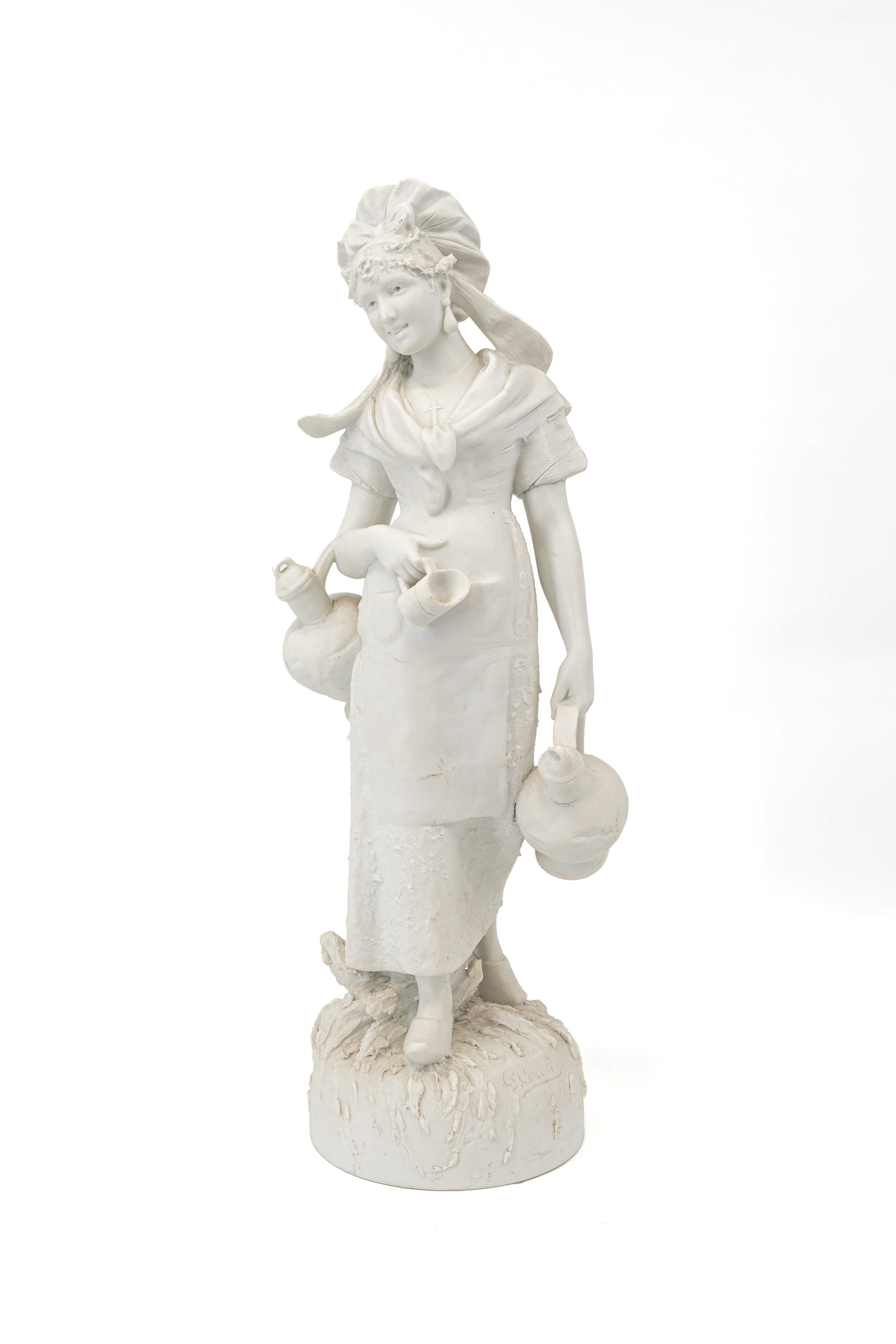 Polydor COMAIN (1848-1907) An antique biscuit figure representing a standing lady holding jugs (1 of 8)
