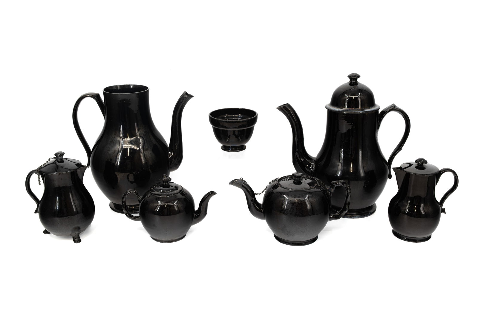 A lot of seven Namur black glazed ceramic coffee pots, jugs and a cup (1 of 7)