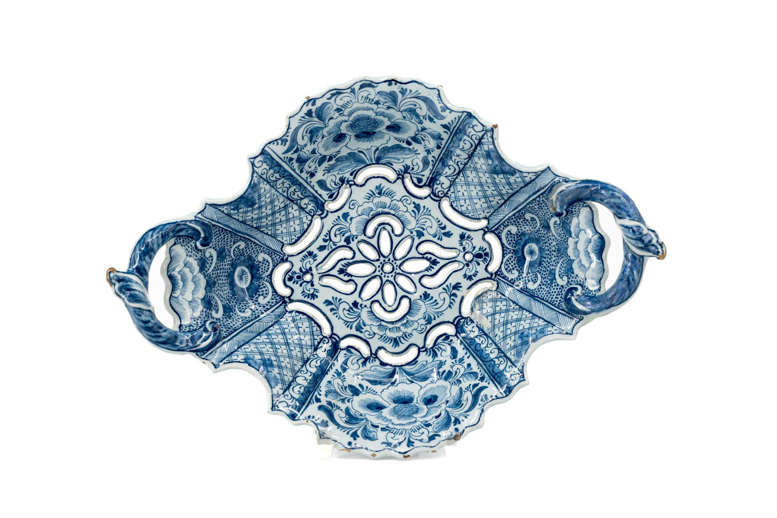 An antique Dutch Delft blue-and-white decorated ceramic strawberry basket with two handles (1 of 6)