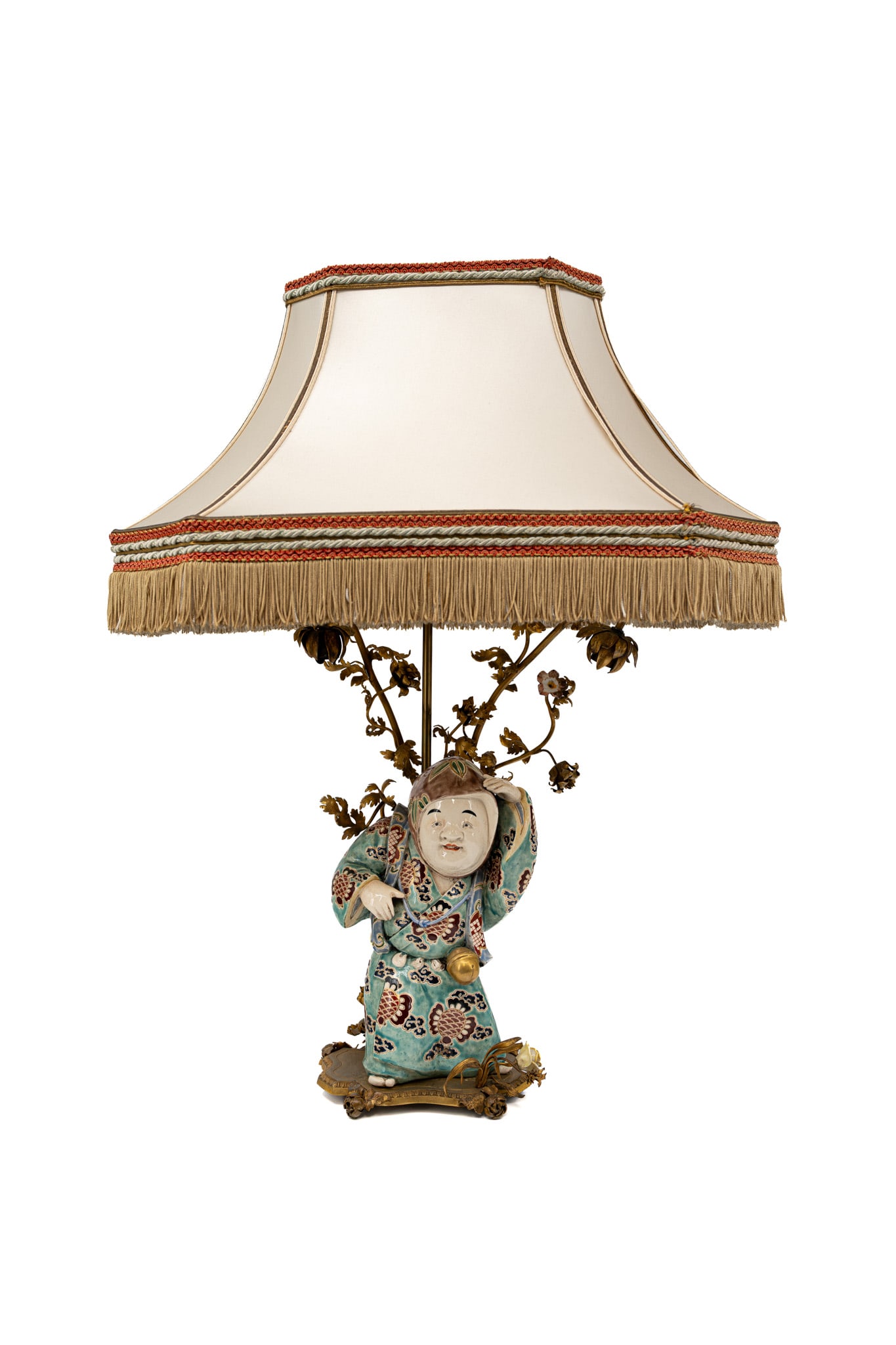 An antique figurative Japanese porcelain table lamp mounted with gilt brass floral branches (1 of 8)