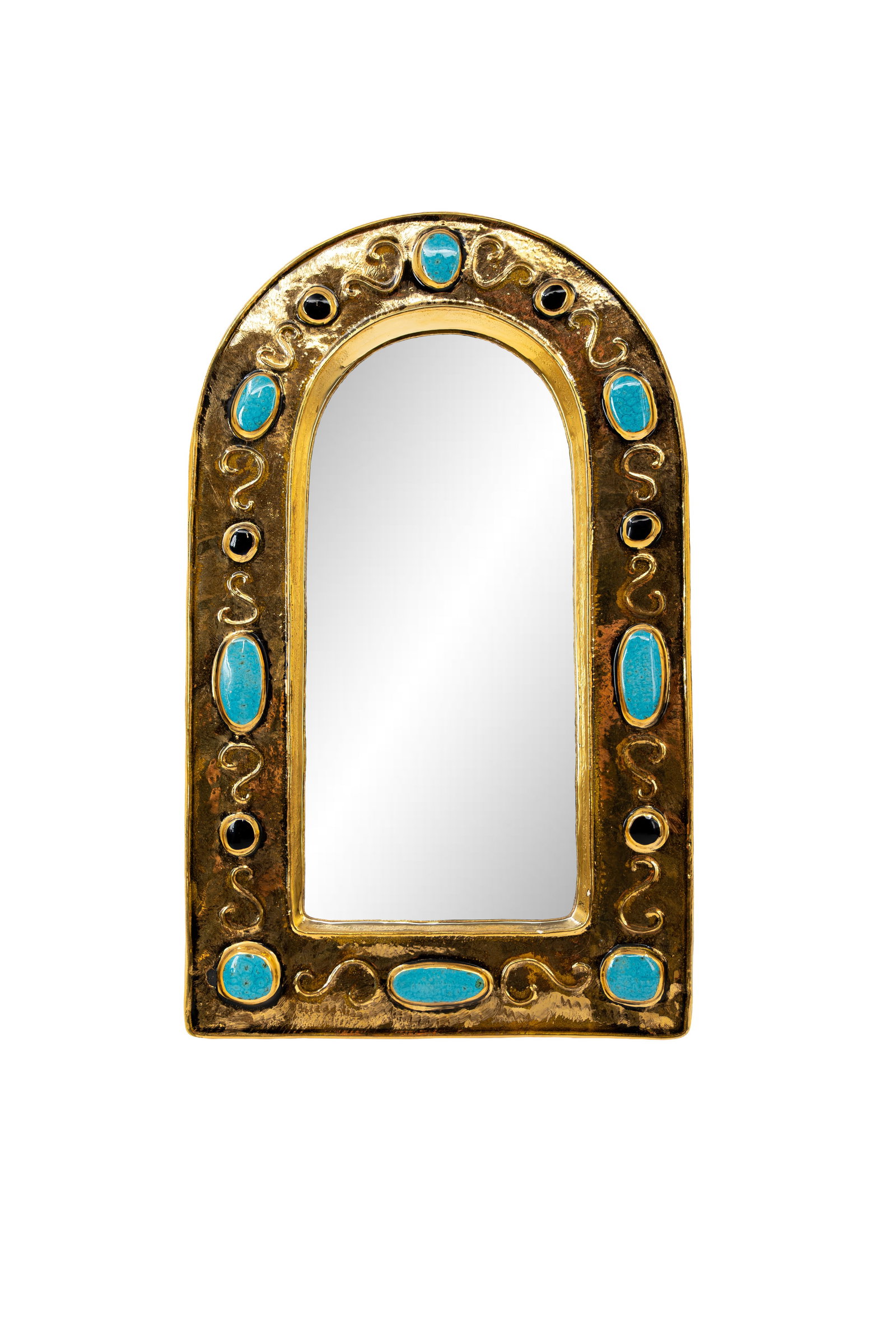 Francois LEMBO (1930-2013) A French Vallauris gilt and turquoise decorated glazed ceramic mirror (1 of 4)