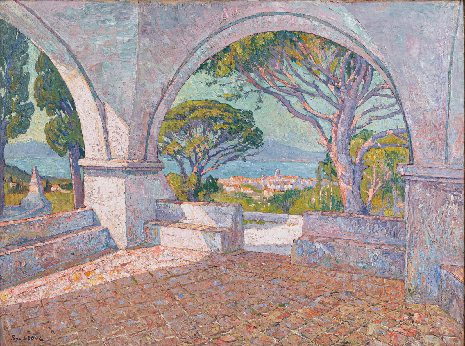 Paul LEDUC (1876-1943) "View at the Chapel of Sainte-Anne in Saint-Tropez": Paul LEDUC (1876-1943) "View at the Chapel of Sainte-Anne in Saint-Tropez". A large oil on canvas painting of a Mediterranean view at the Cote d'Azur in France. Signed, circa 1900-1920s. H: 60 - W: 80