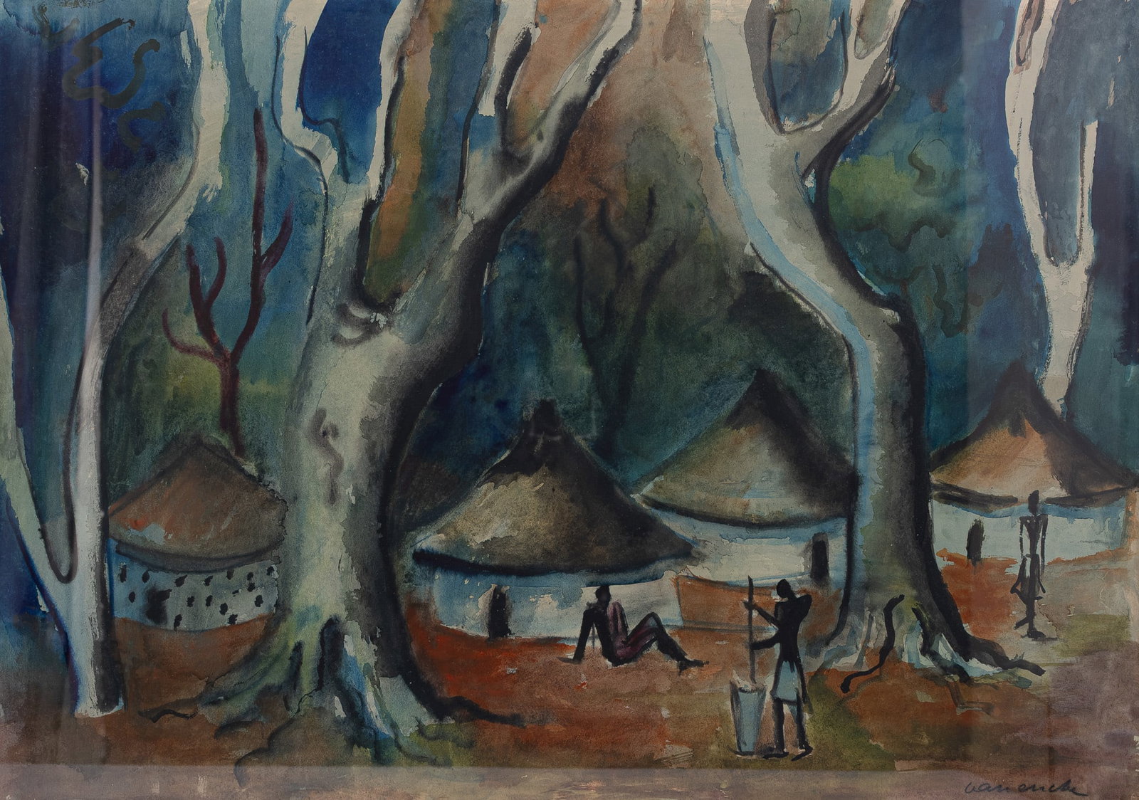 Maurice VAN ESSCHE (1906-1977) "Village Africain". A Belgian gouache on paper drawing: Maurice VAN ESSCHE (1906-1977) "Village Africain". A Belgian gouache on paper drawing. Signed lower right. First half 20th century. H: 48 - W: 67 cm