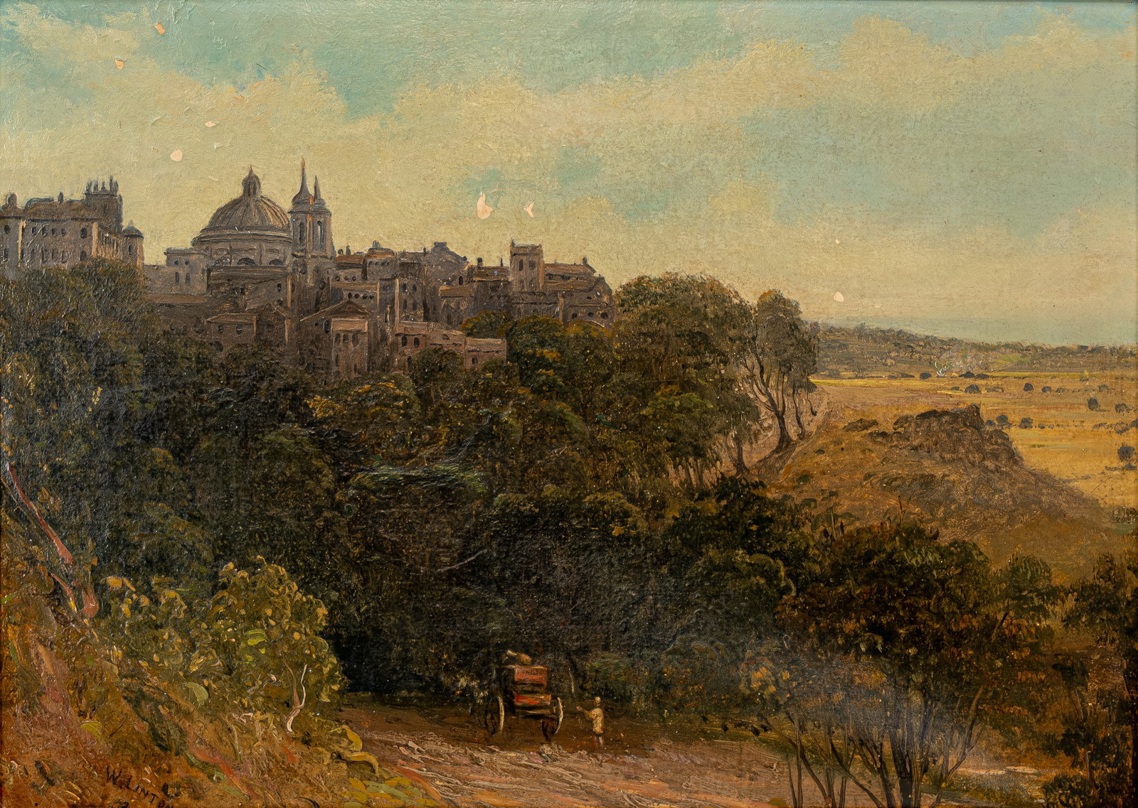 William LINTON (1791-1876) An antique oil on canvas painting mounted on panel: William LINTON (1791-1876) An antique oil on canvas painting mounted on panel, depicting a landscape of village scene among the mountains. Signed, 19th century. H: 21 cm - W: 30 cm