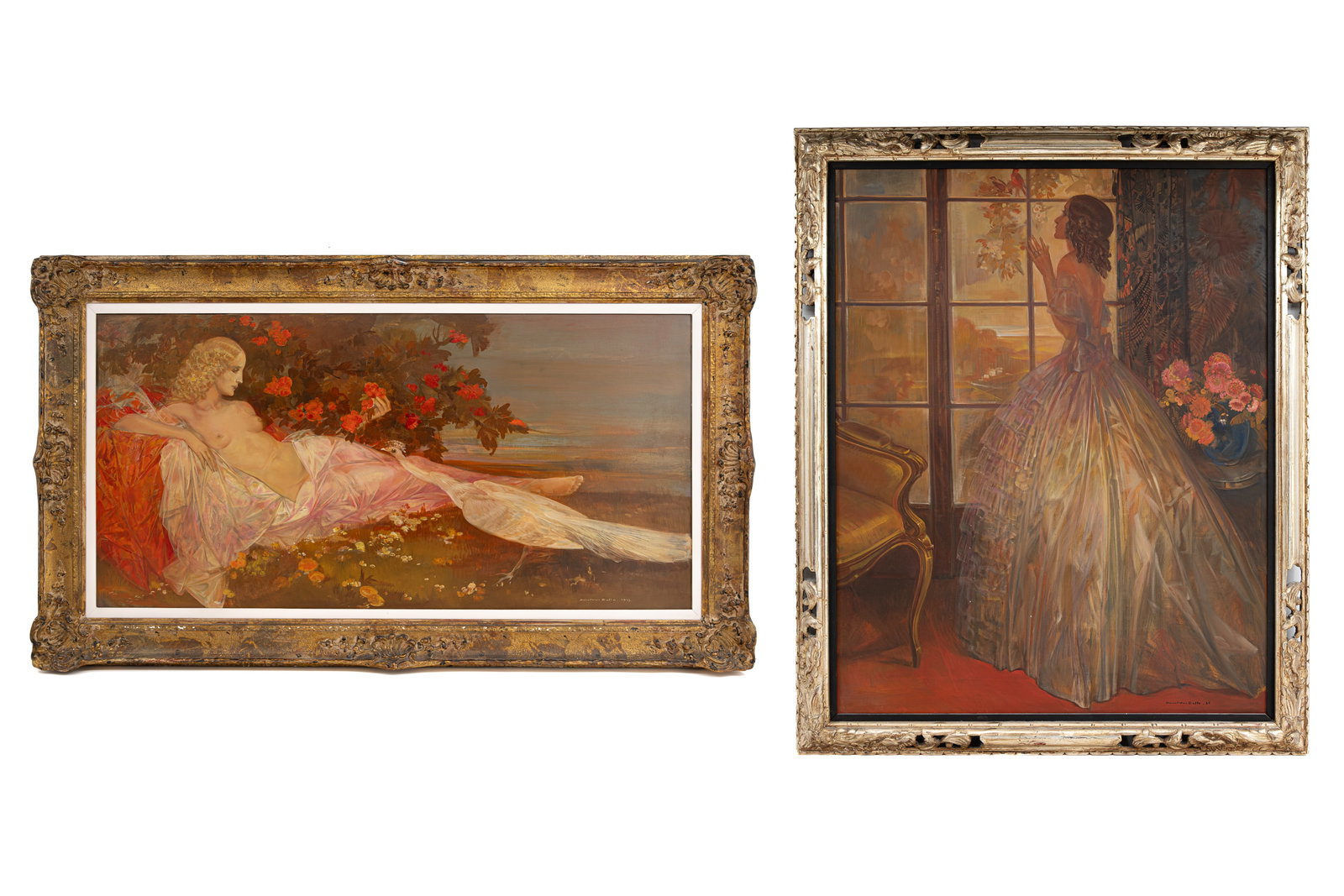 Karel VAN BELLE (1884-1959) A composed lot of two large art deco style oil on panel and canvas: Karel VAN BELLE (1884-1959) A composed lot of two large art deco style oil on panel and canvas paintings depicting of nude lady and white peacock, other with elegant dressed lady looking through windo