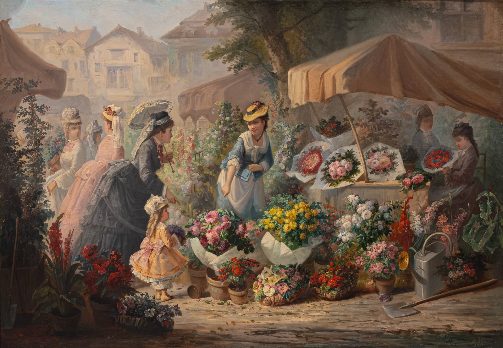 C. LUNARDI (XIX) "The Flower Market". (1874) A large oil on canvas painting (1 of 5)