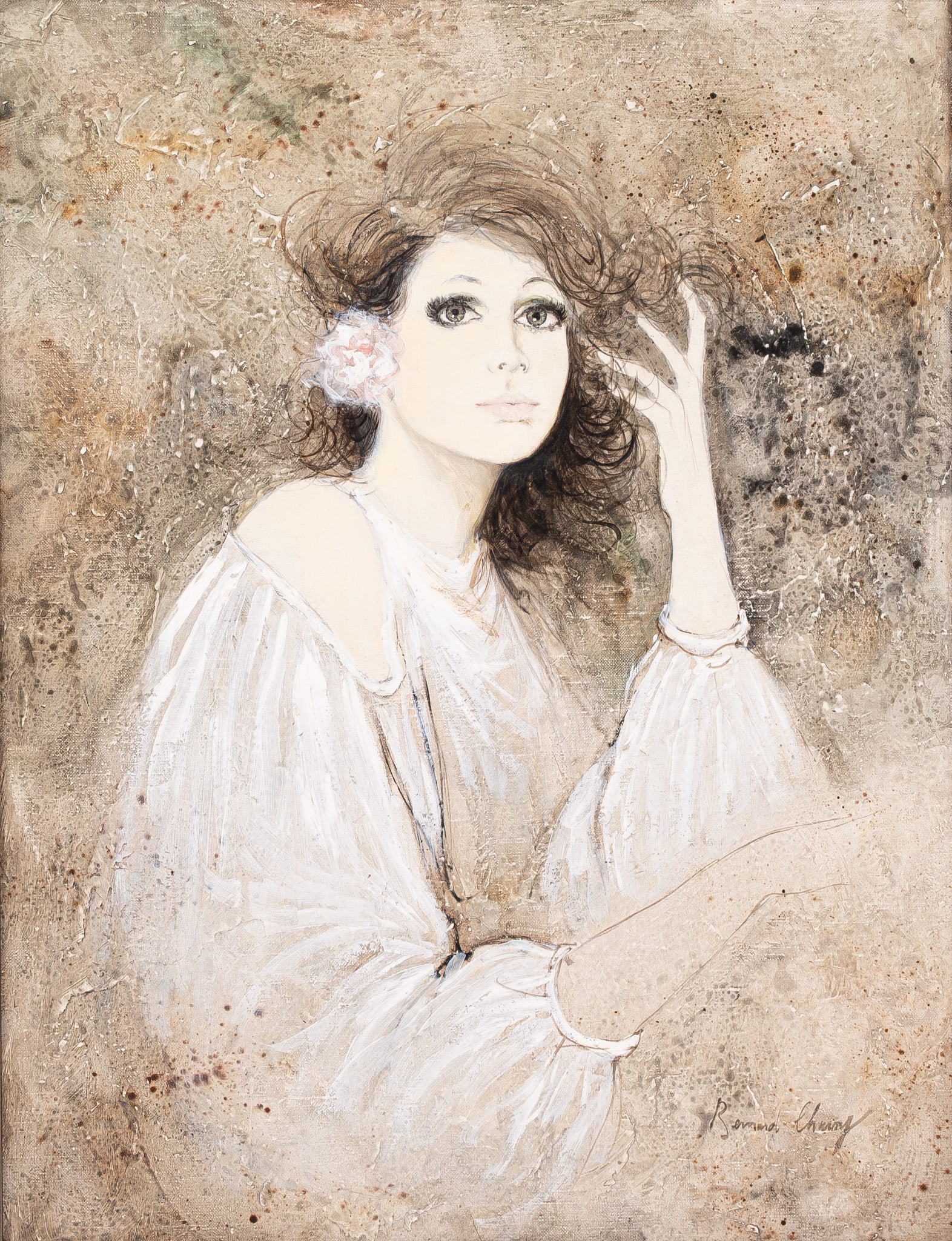 Bernard CHAROY (1931-2024) "Jeneviève avec Fleur". A 20th century oil on canvas painting: Bernard CHAROY (1931-2024) "Jenevieve avec Fleur". A 20th century oil on canvas painting depicting of a posing lady. Signed, dated on the back written certificate by the artist, 1981. H: 65 - W: 50 cm