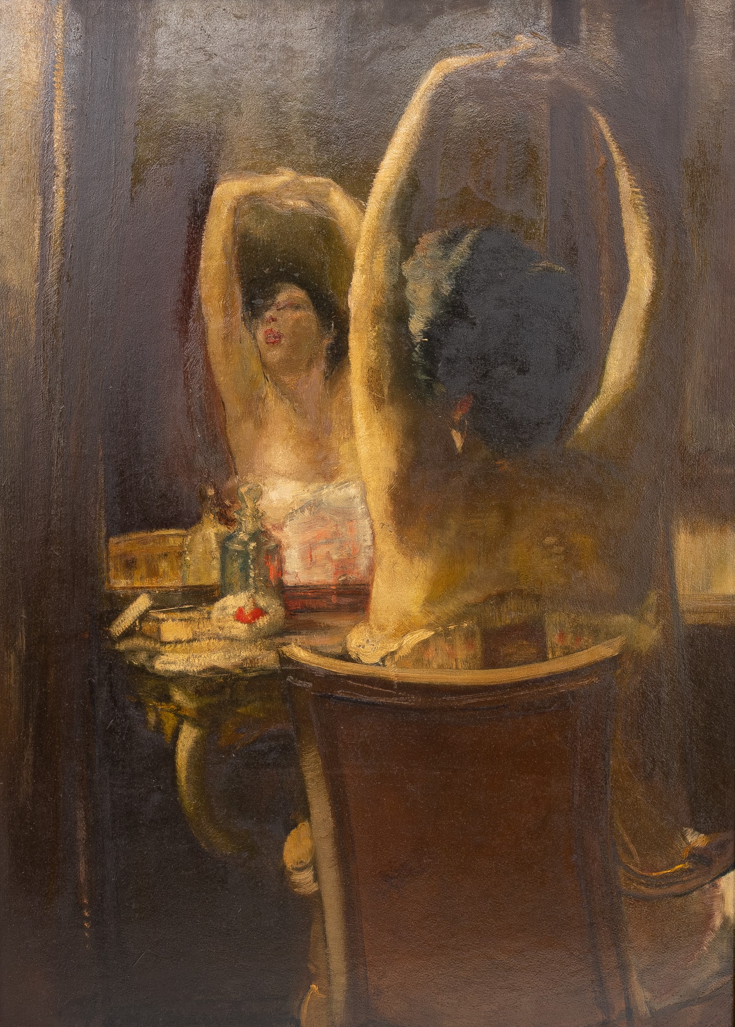 Georges VAN ZEVENBERGHEN (1877-1968) "Spleen, The Morning Toilette". An antique oil on board: Georges VAN ZEVENBERGHEN (1877-1968) "Spleen, The Morning Toilette". An antique oil on board painting depicting of a seated lady at Her Vanity. Signed lower left, dated 1919. H: 82,5 - W: 60,5 cm