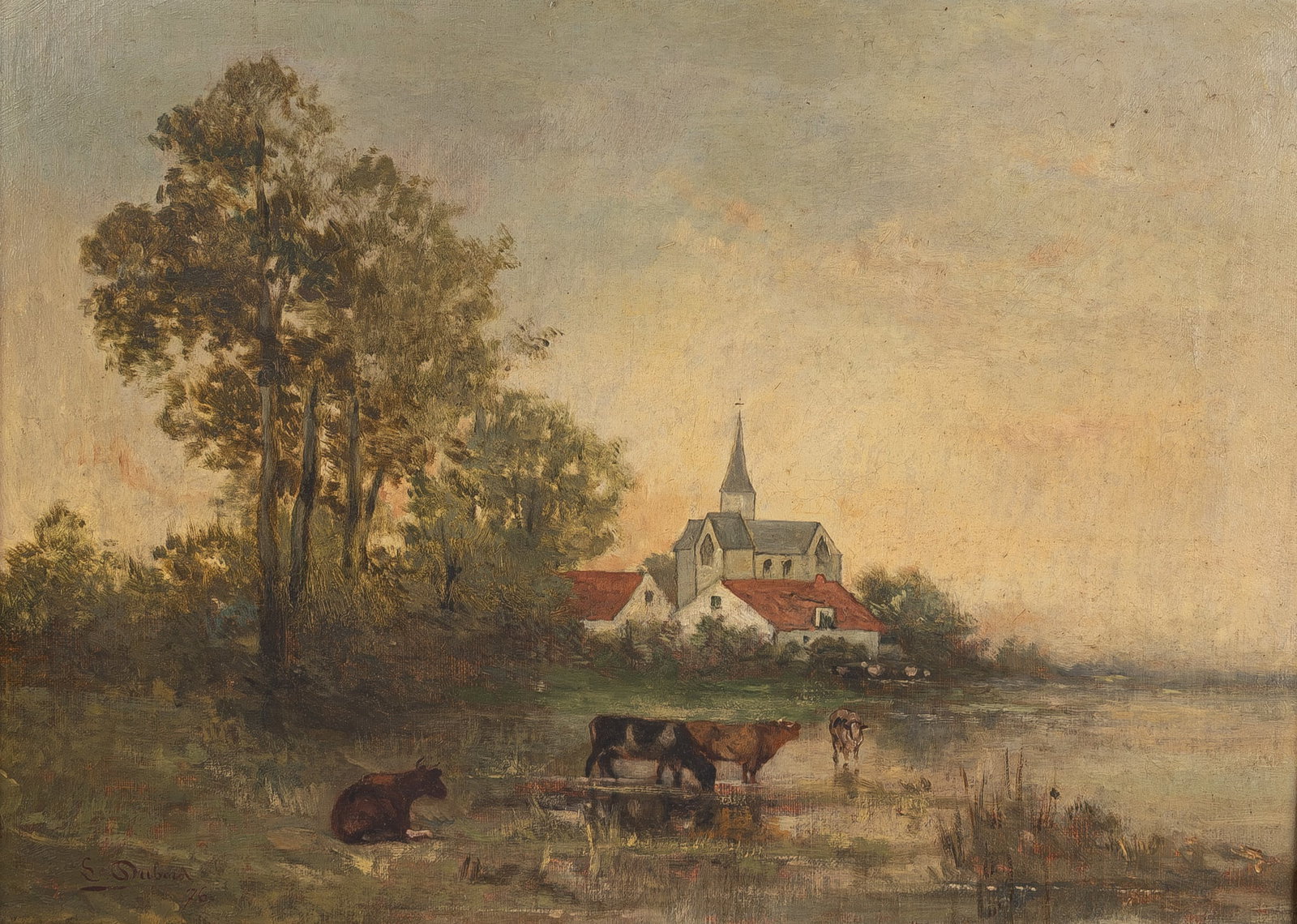 Louis DUBOIS (1830-1880) A Belgian oil on canvas painting, depicting of a pastoral landscape: Louis DUBOIS (1830-1880) A Belgian oil on canvas painting, depicting of a pastoral landscape near a village church. Framed in a richly decorated gilt plaster frame. Signed, 19th century. H: 42 - W: 56