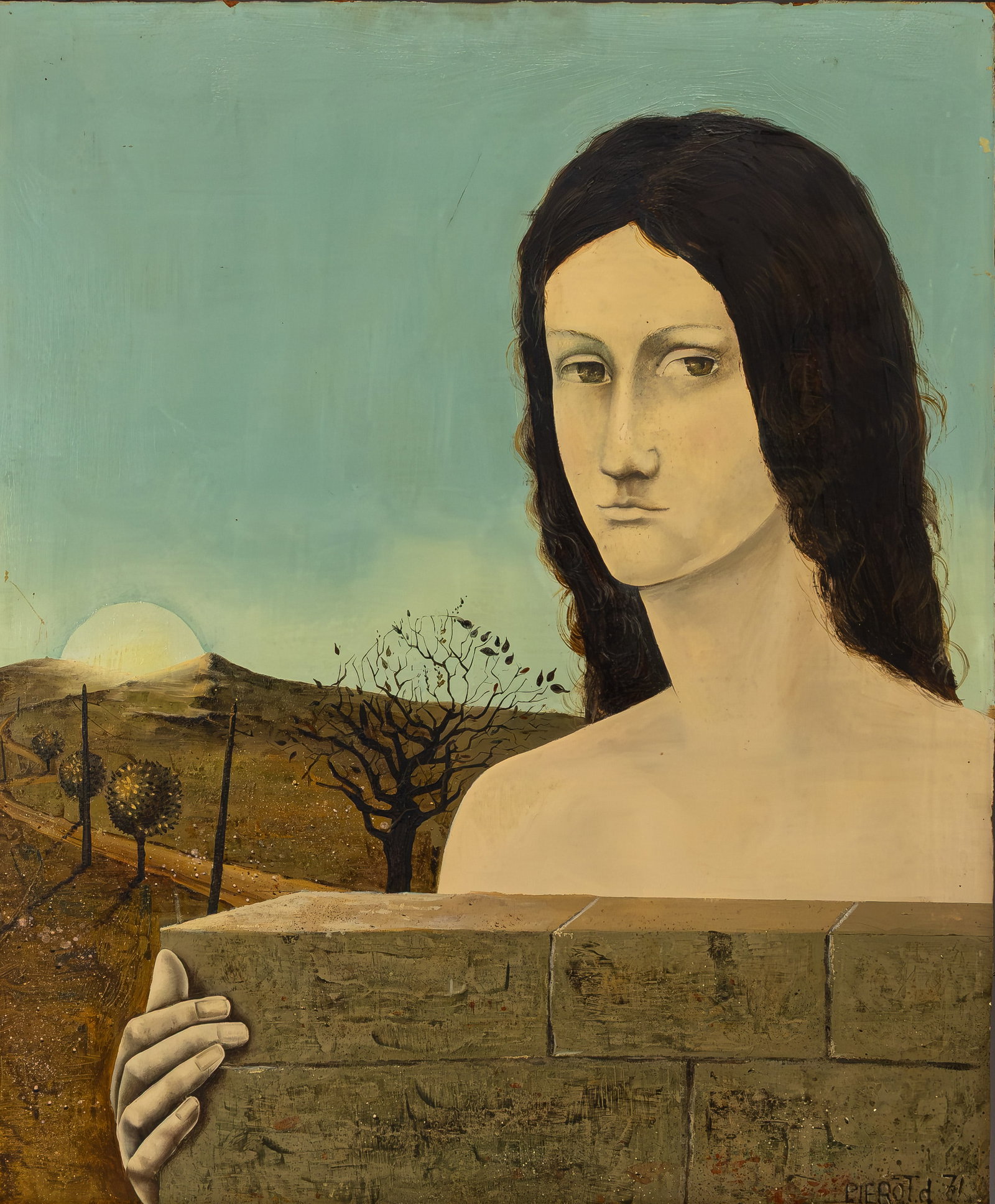 PIERROT D. (XX) A modernistic oil on board painting depicting a lady with a landscape background (1 of 8)