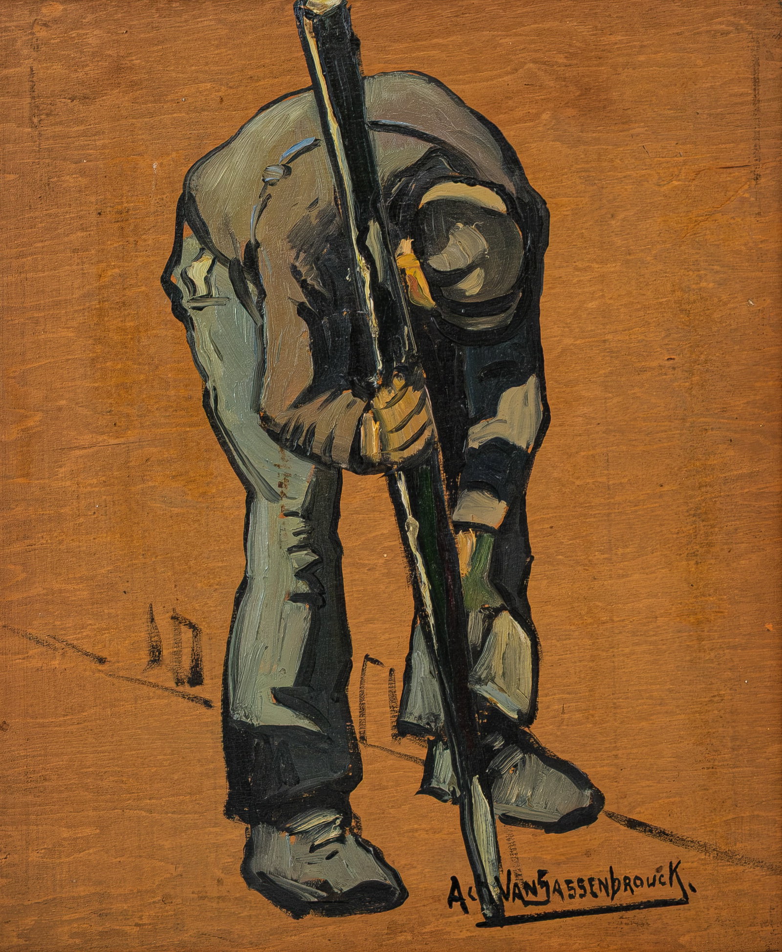 Achille VAN SASSENBROUCK (1886-1979) An board painting depicting of a bent farm laborer (1 of 6)
