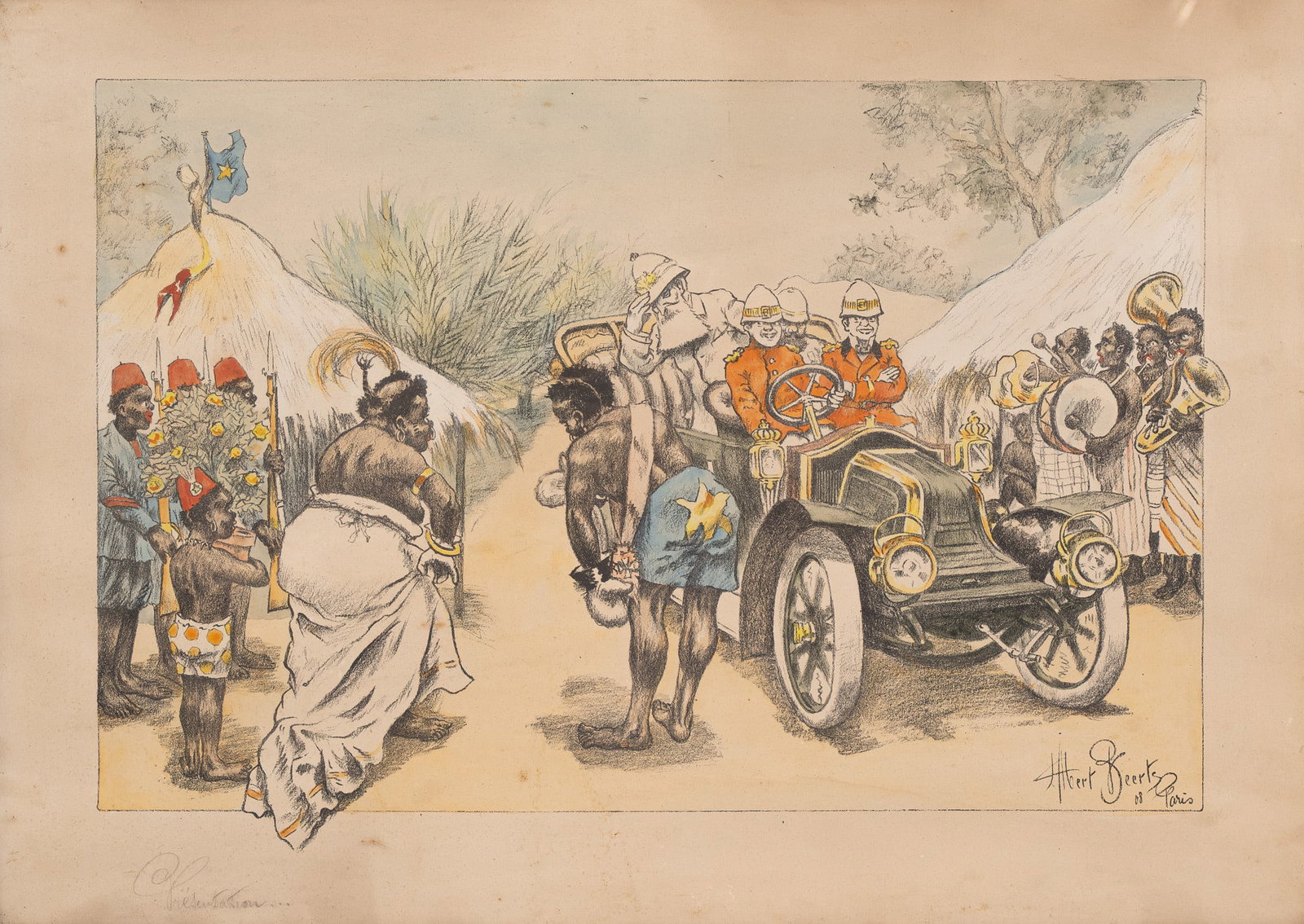Albert BEERTS (XIX-XX) After "Renault in Africa" - 1908 - An antique Belgian colored lithograph on (1 of 7)