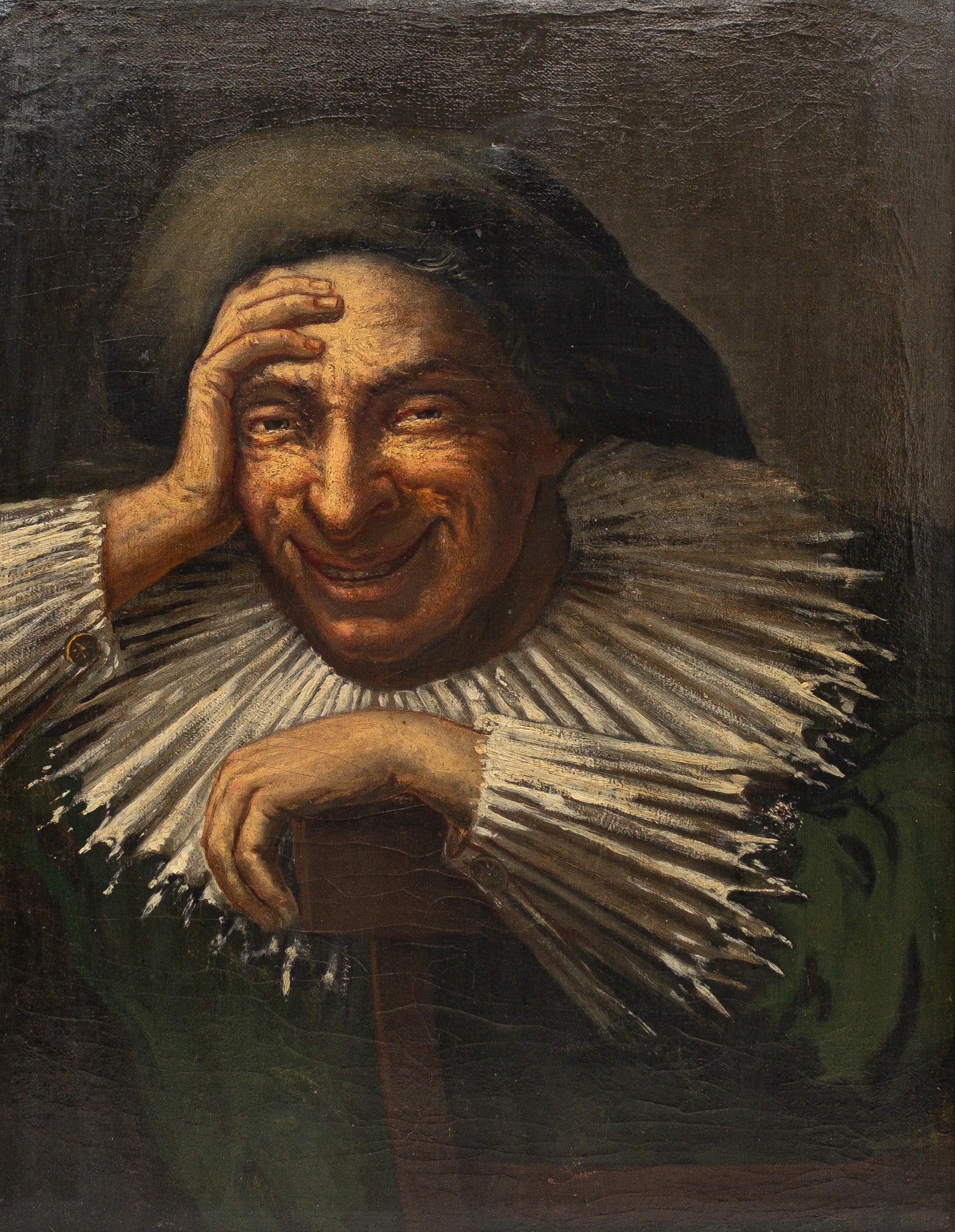 ANONYMOUS (XVIII-XIX) An antique oil on canvas portrait painting depicting of a Laughing Jester (1 of 5)