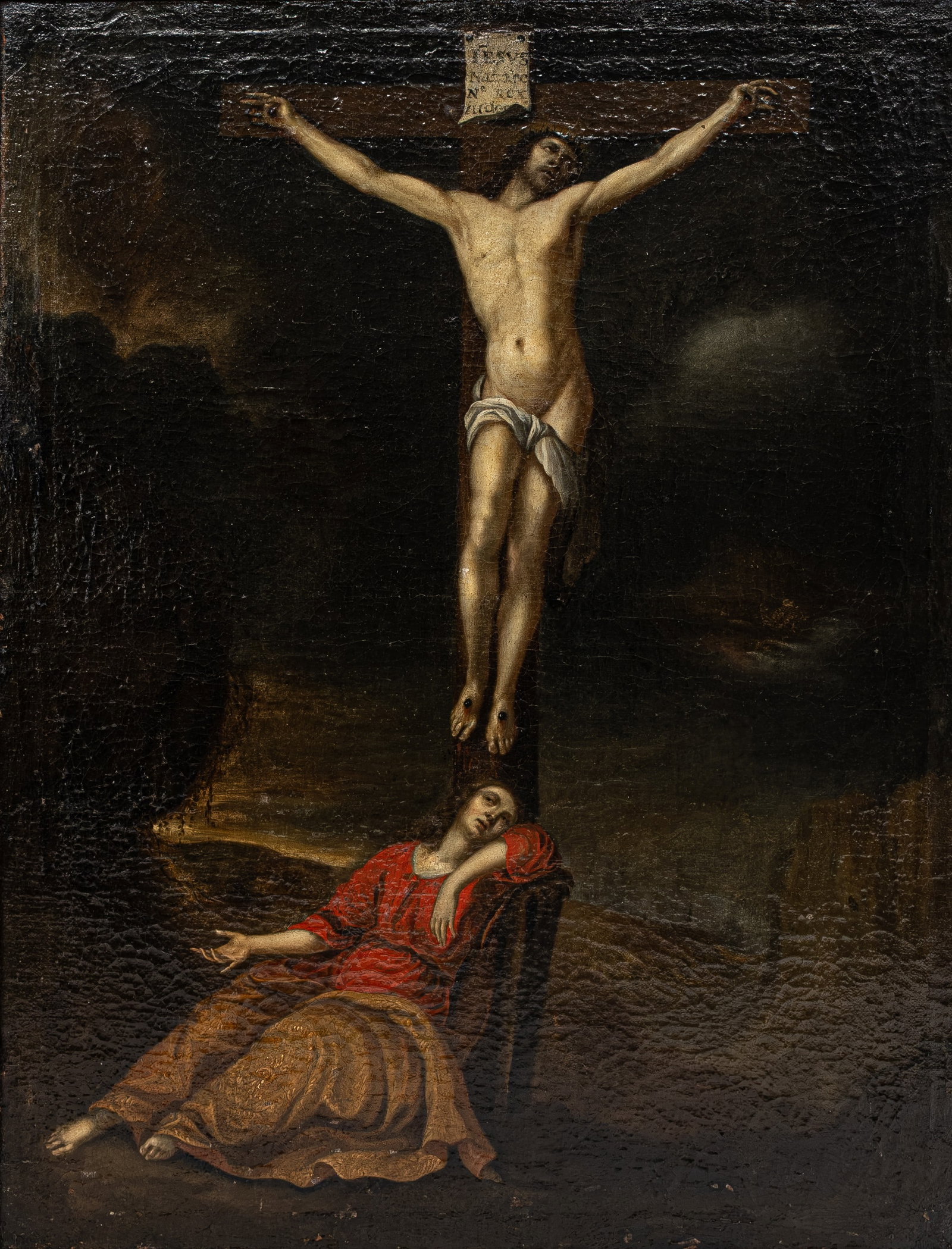 ANONYMOUS (XVII-XVIII) An antique oil on canvas painting with religious scene (1 of 6)