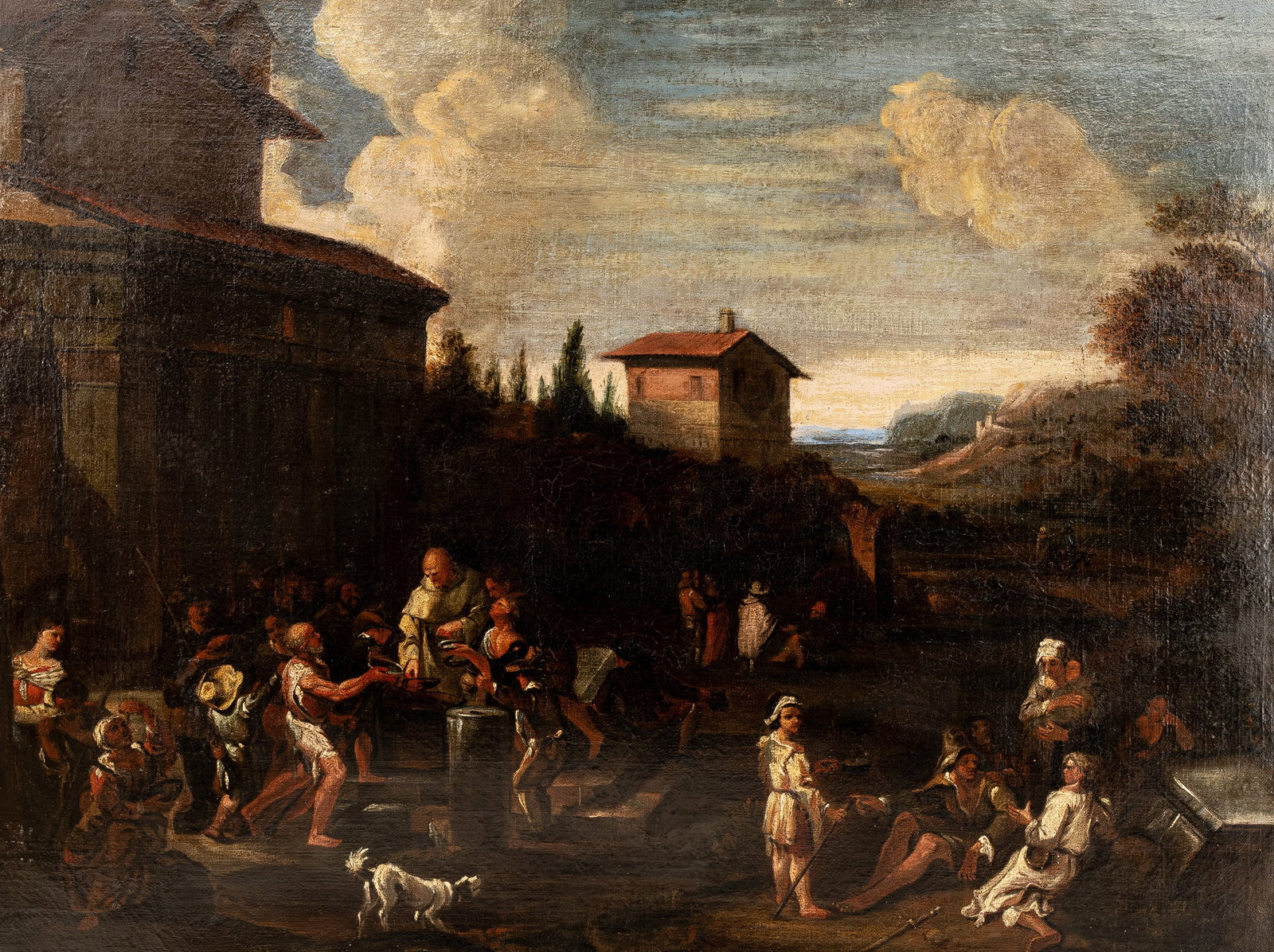 ANONYMOUS (XVIII) An antique oil on canvas painting: ANONYMOUS (XVIII) An antique oil on canvas painting depicting of figural animated village festival scene. Reclothed, unsigned. 18th century. H: 70 - W: 90 cm