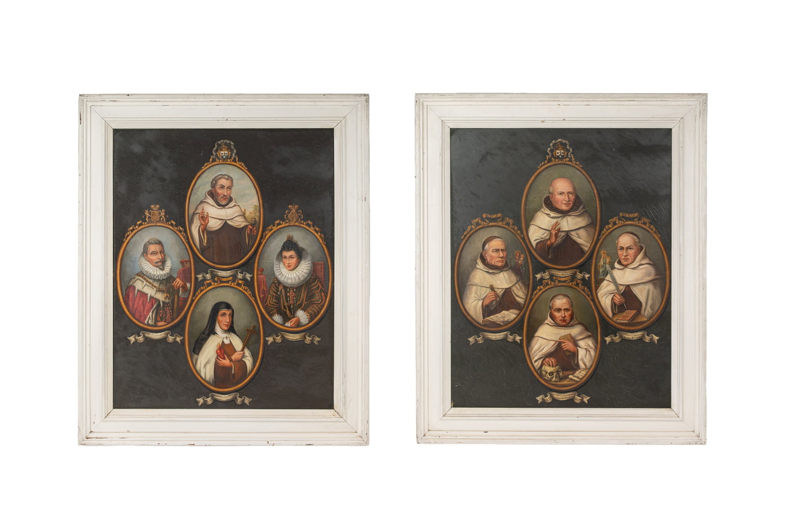A lot of two large religious portrait paintings depicting Saints from the Order of the Carmelites: A lot of two large religious portrait paintings depicting Saints of important figures of the Order of the Carmelites. Unsigned, circa 1900. H: 90 cm - W: 70 cm
