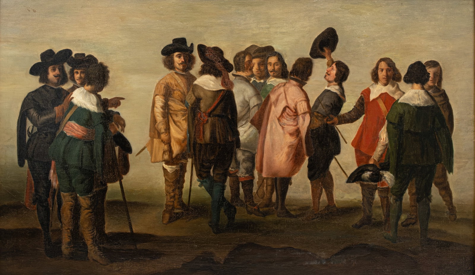 An antique oil on canvas painting depicting of an animated scene of elegantly dressed gentleman: An antique oil on canvas painting depicting of an animated scene of elegantly dressed gentleman, conversing and greeting each other. Unsigned, 19th/20th century. H: 45 - W: 75 cm
