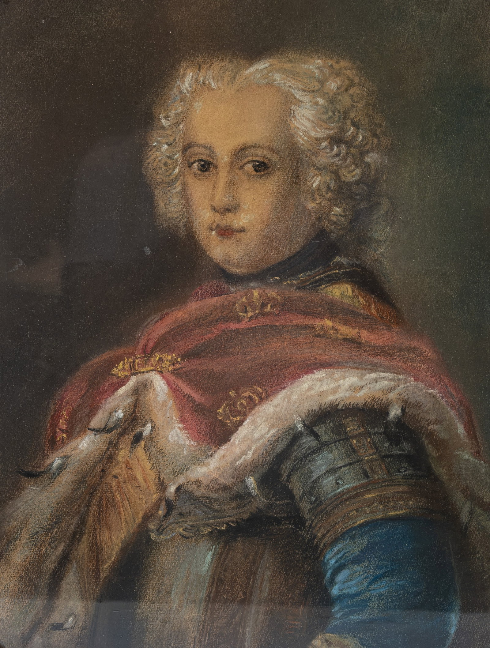 An antique gouache on paper portrait drawing depicting of Frederic the Great as Crown Prince: An antique gouache on paper portrait drawing depicting of Frederic the Great as Crown Prince. Unsigned, 19th century. H: 50 - W: 40 cm
