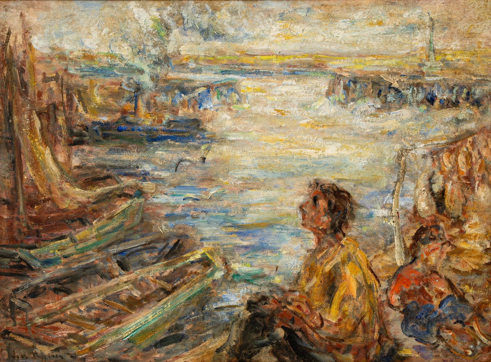An illegible signed mixed media on board painting depicting of a figure at the harbor: An illegible signed mixed media on board painting depicting a figure at harbor view. Illegible signed, 20th century. H: 46 cm - W: 61 cm