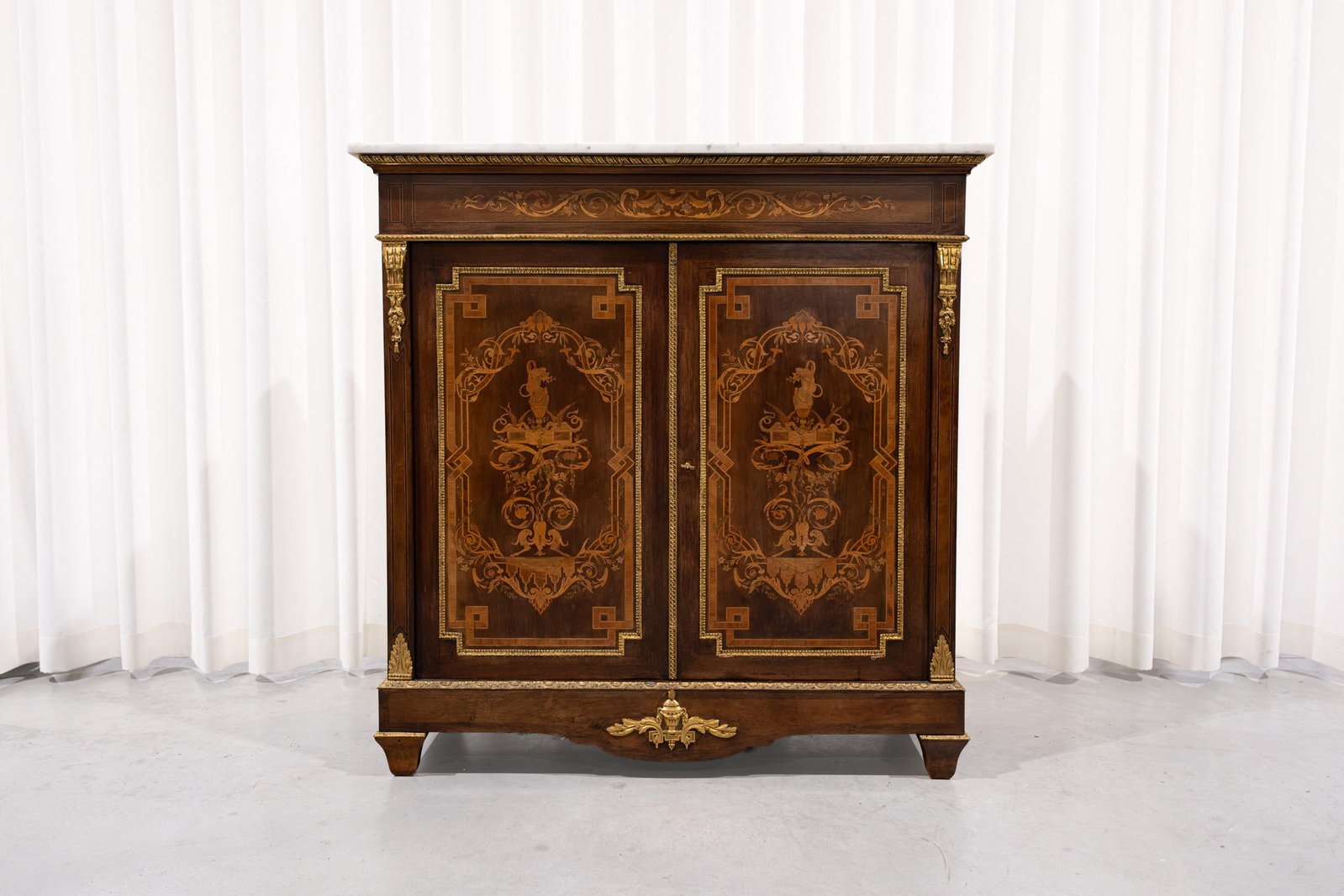 An antique French Napoleon III wooden two doors cabinet decorated with fine marquetry inlay (1 of 10)