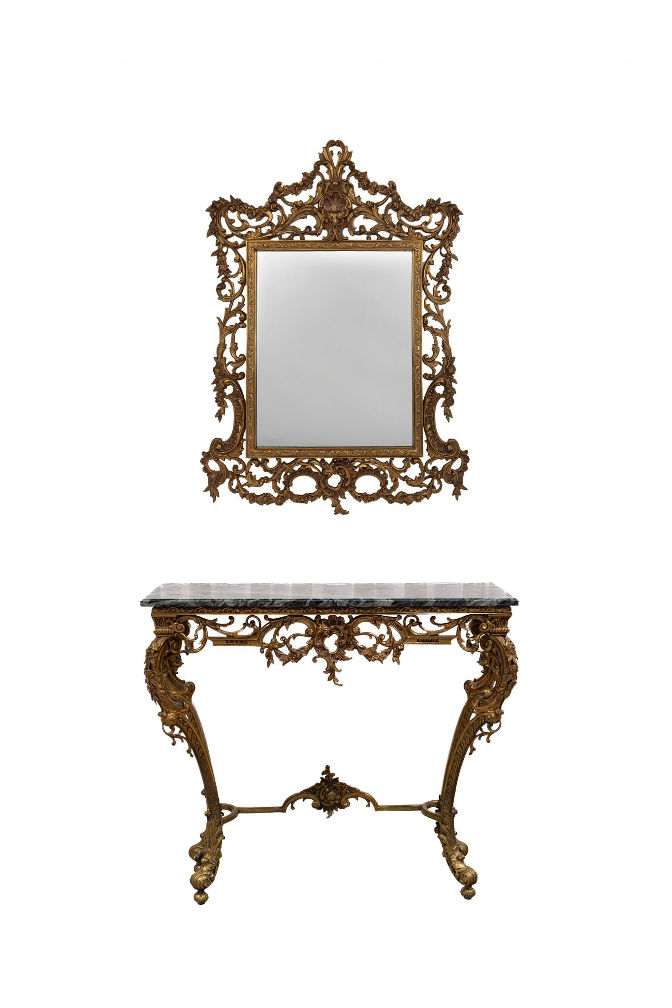 An antique Louis XV rococo style gilt brass and marble console and mirror (1 of 10)